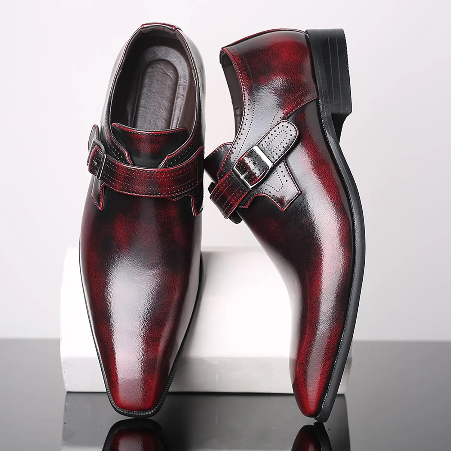 Men's Leather Pointed Toe Dress Shoes,Fashion English Style Adjustable Metal Buckle Hook & Loop Decorate Slip On Block Heel Formal Business Wedding Oxford Shoes Loafer