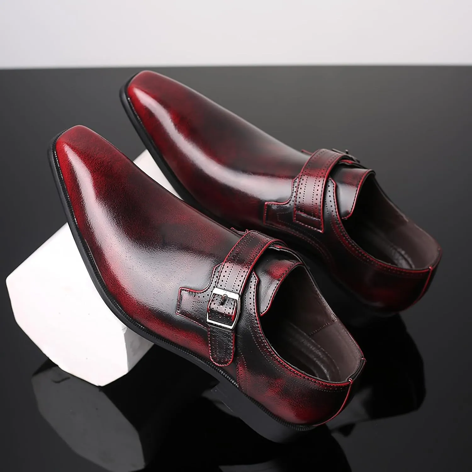 Men's Leather Pointed Toe Dress Shoes,Fashion English Style Adjustable Metal Buckle Hook & Loop Decorate Slip On Block Heel Formal Business Wedding Oxford Shoes Loafer