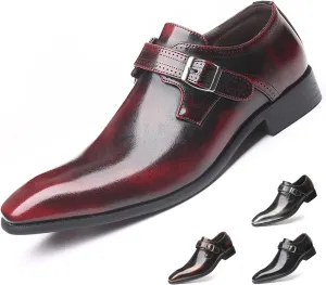 Men's Leather Pointed Toe Dress Shoes,Fashion English Style Adjustable Metal Buckle Hook & Loop Decorate Slip On Block Heel Formal Business Wedding Oxford Shoes Loafer