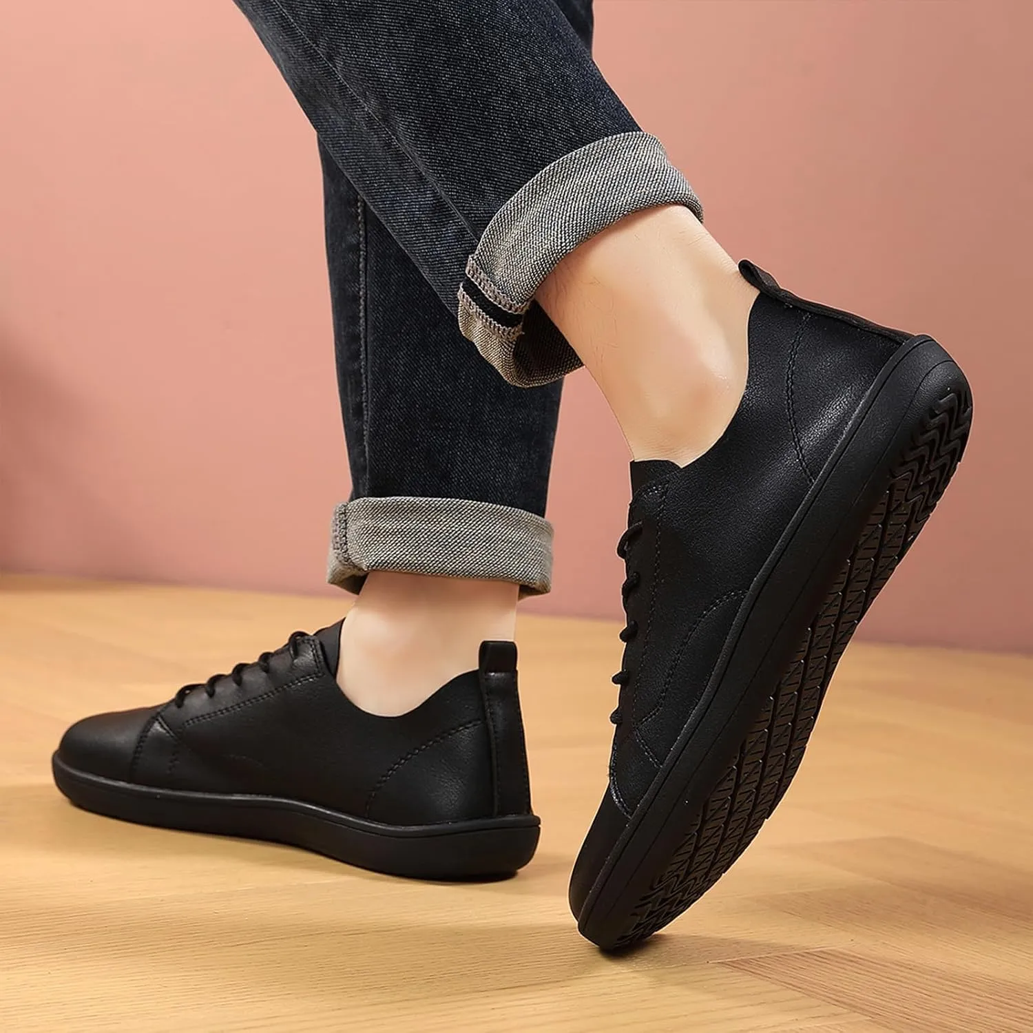 Men's Leather Wide Toe Minimalist Barefoot Shoes Casual Lace-Up Lightweight Zero Drop Sole Walking Running Shoes Comfortable Gym Trail Trainer Sneakers