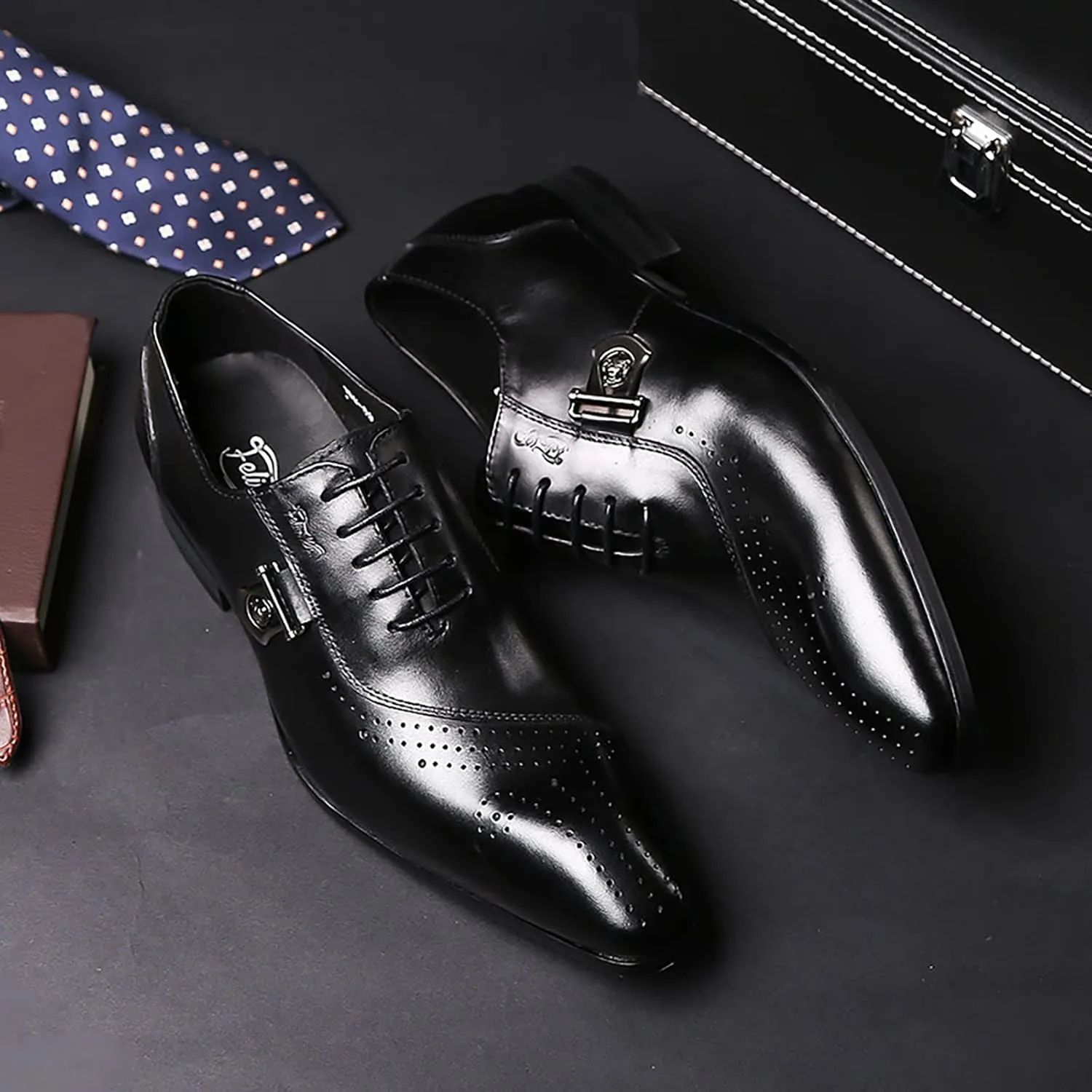 Mens Pointed Toe Brogues Casual Dress Shoes Wedding Formal Lace-Up Oxfords Cowhide Wingtip Derbys,Black-39