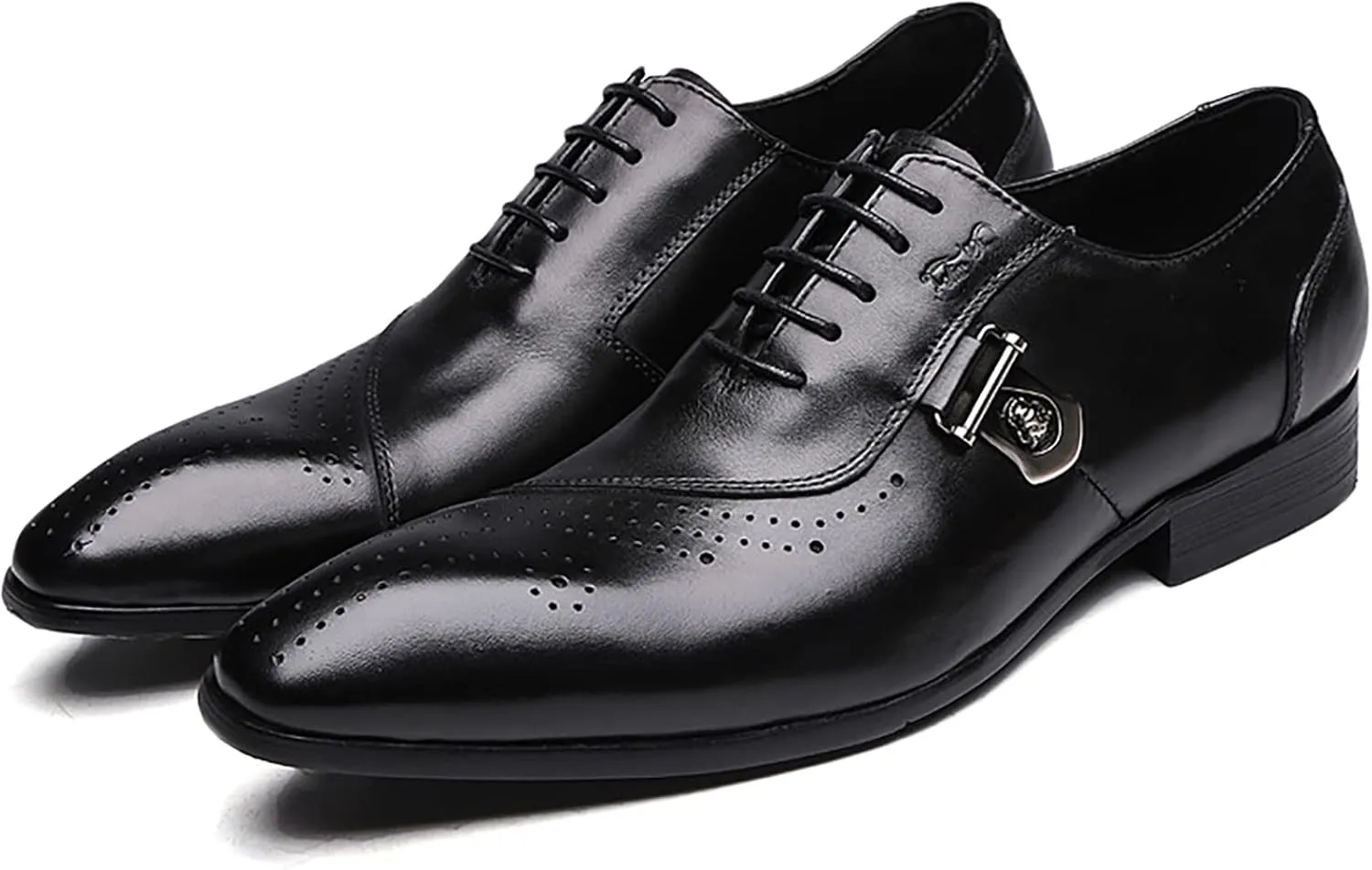 Mens Pointed Toe Brogues Casual Dress Shoes Wedding Formal Lace-Up Oxfords Cowhide Wingtip Derbys,Black-39