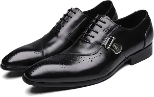 Mens Pointed Toe Brogues Casual Dress Shoes Wedding Formal Lace-Up Oxfords Cowhide Wingtip Derbys,Black-39