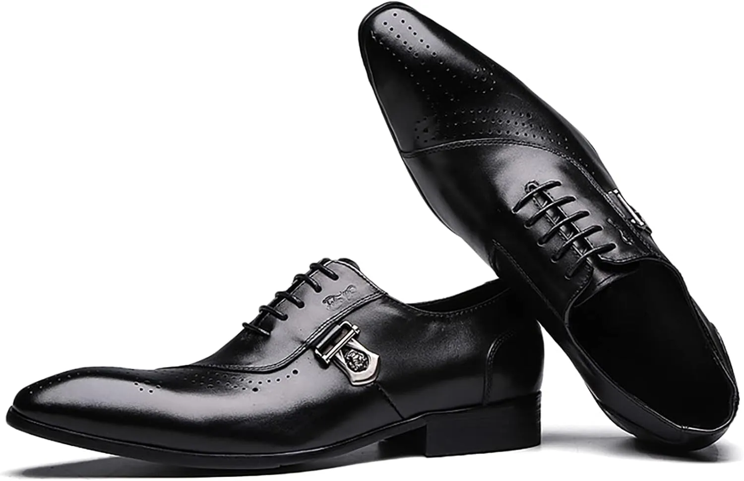 Mens Pointed Toe Brogues Casual Dress Shoes Wedding Formal Lace-Up Oxfords Cowhide Wingtip Derbys,Black-39