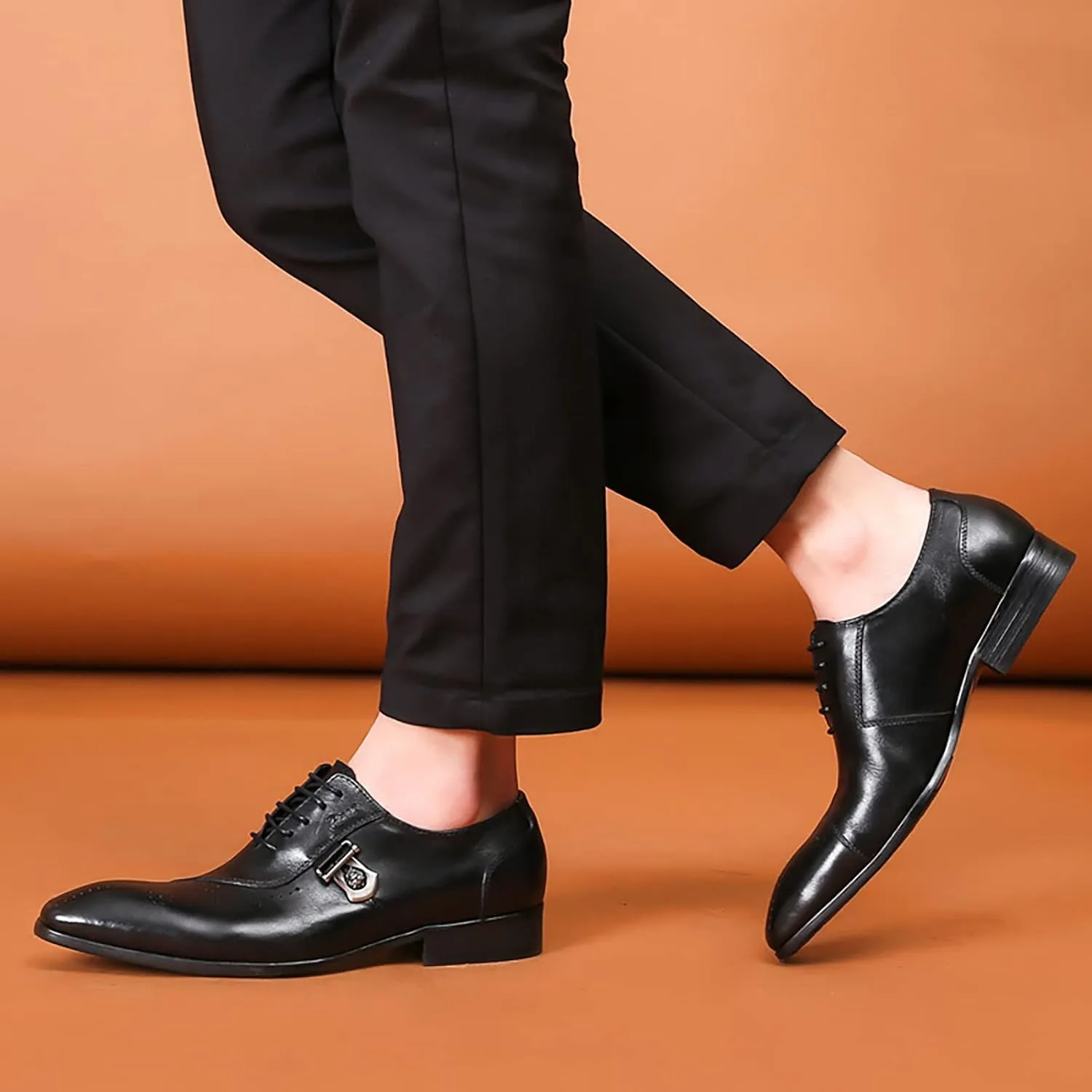 Mens Pointed Toe Brogues Casual Dress Shoes Wedding Formal Lace-Up Oxfords Cowhide Wingtip Derbys,Black-39