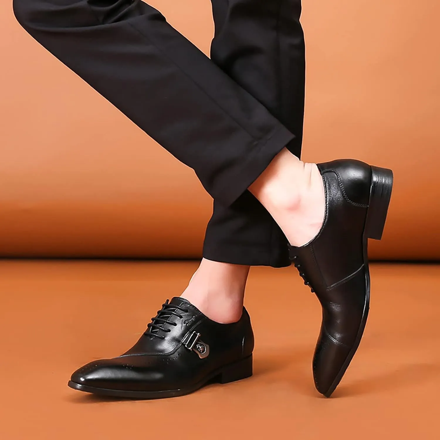 Mens Pointed Toe Brogues Casual Dress Shoes Wedding Formal Lace-Up Oxfords Cowhide Wingtip Derbys,Black-39