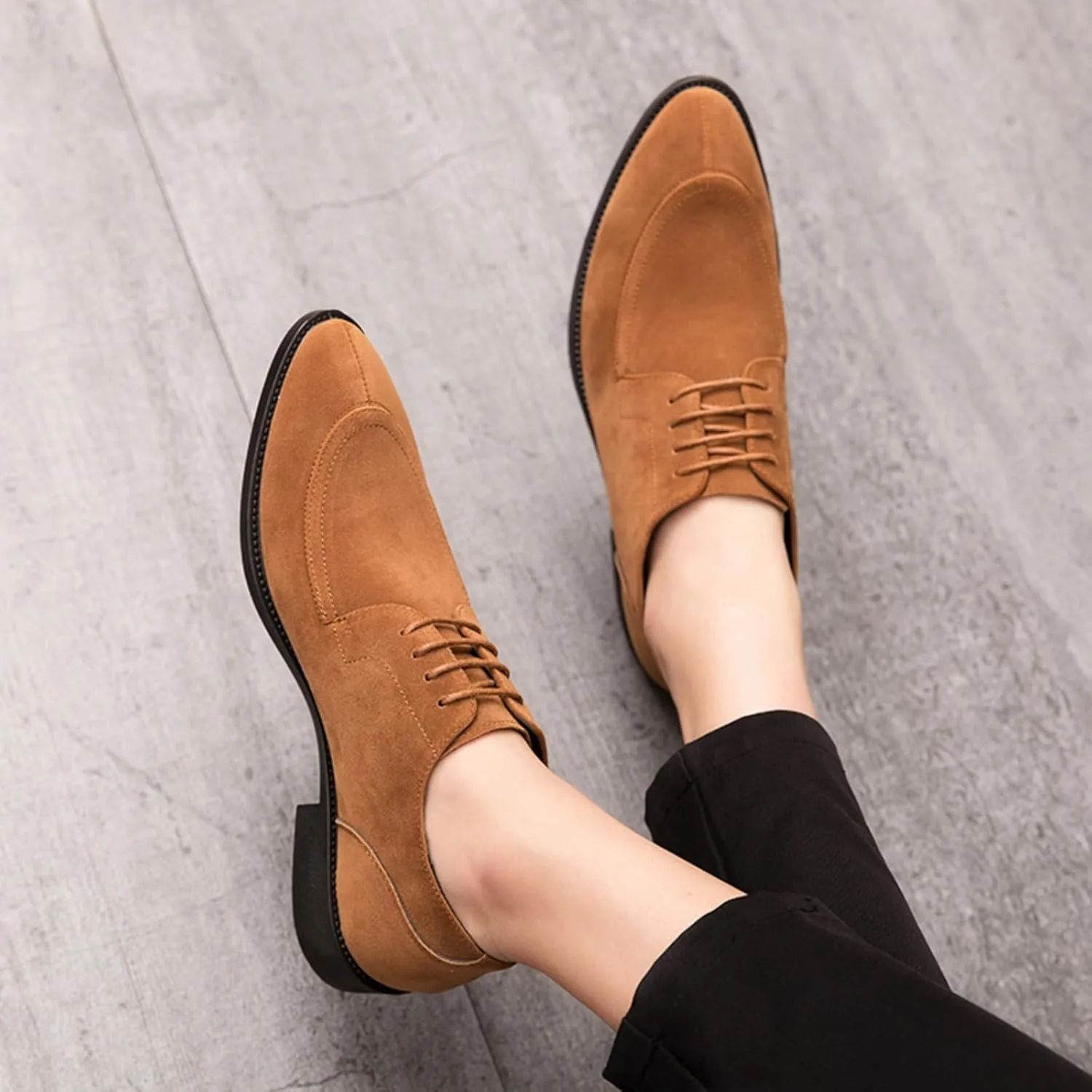 Mens Retro Suede Leather Lace Up Dress Oxfords Shoes Classic Slip On Low Top Pointed Toe Non-Slip Flats Derby Shoes for Formal Business Wedding (Coffee Color,6)