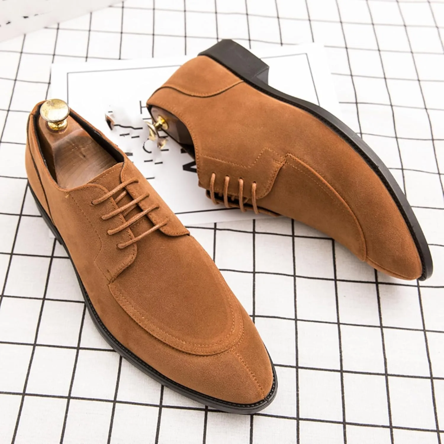 Mens Retro Suede Leather Lace Up Dress Oxfords Shoes Classic Slip On Low Top Pointed Toe Non-Slip Flats Derby Shoes for Formal Business Wedding (Coffee Color,6)