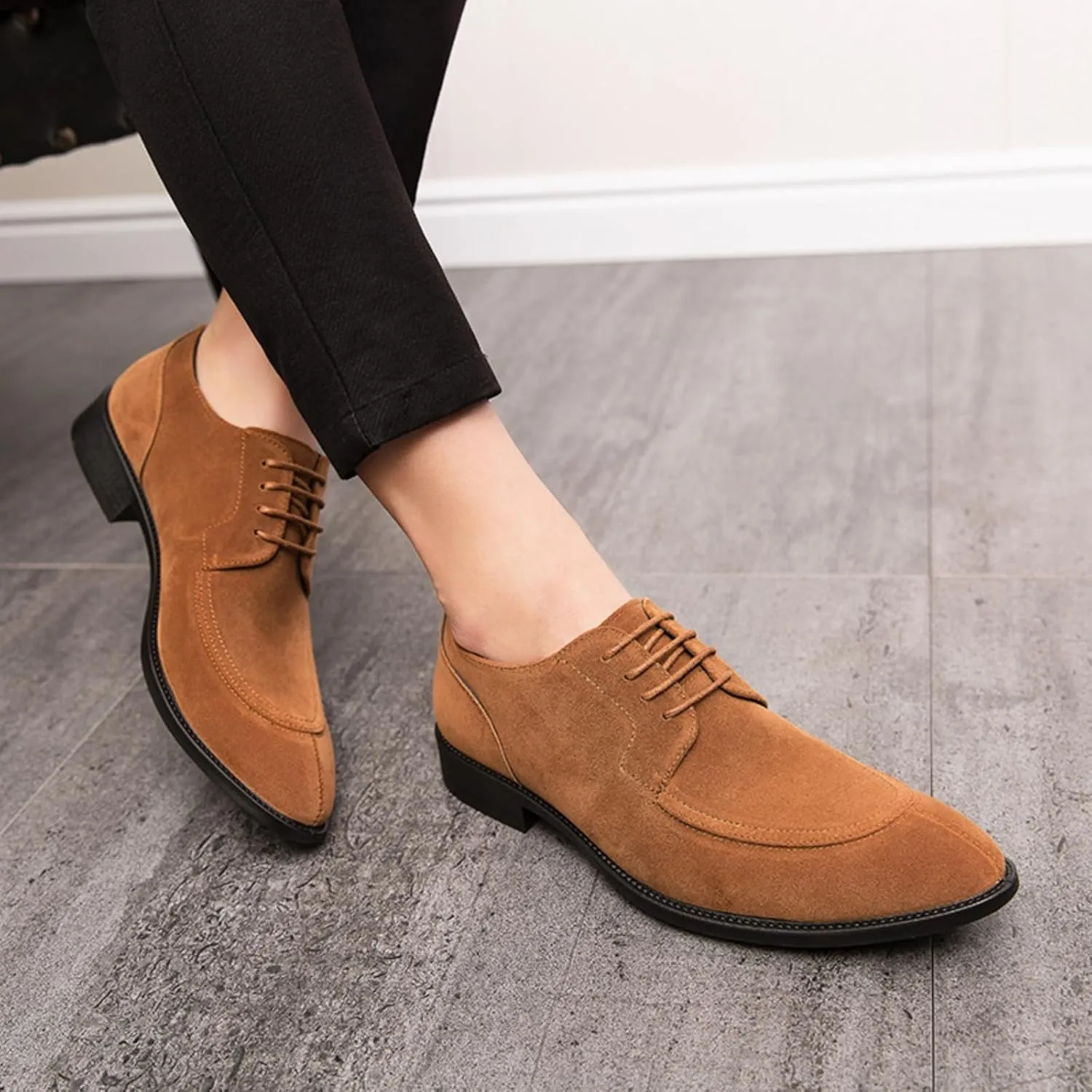 Mens Retro Suede Leather Lace Up Dress Oxfords Shoes Classic Slip On Low Top Pointed Toe Non-Slip Flats Derby Shoes for Formal Business Wedding (Coffee Color,6)