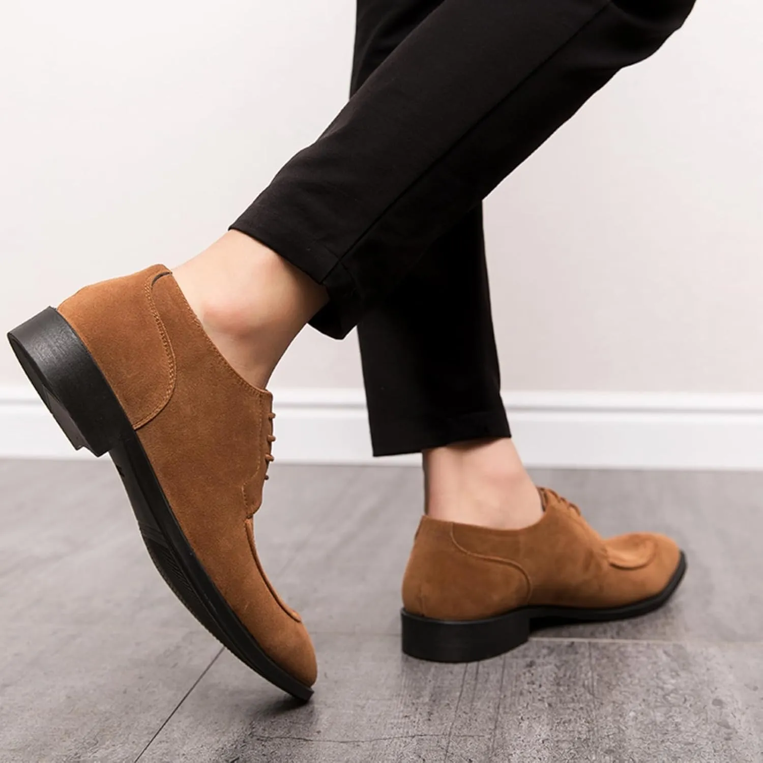 Mens Retro Suede Leather Lace Up Dress Oxfords Shoes Classic Slip On Low Top Pointed Toe Non-Slip Flats Derby Shoes for Formal Business Wedding (Coffee Color,6)