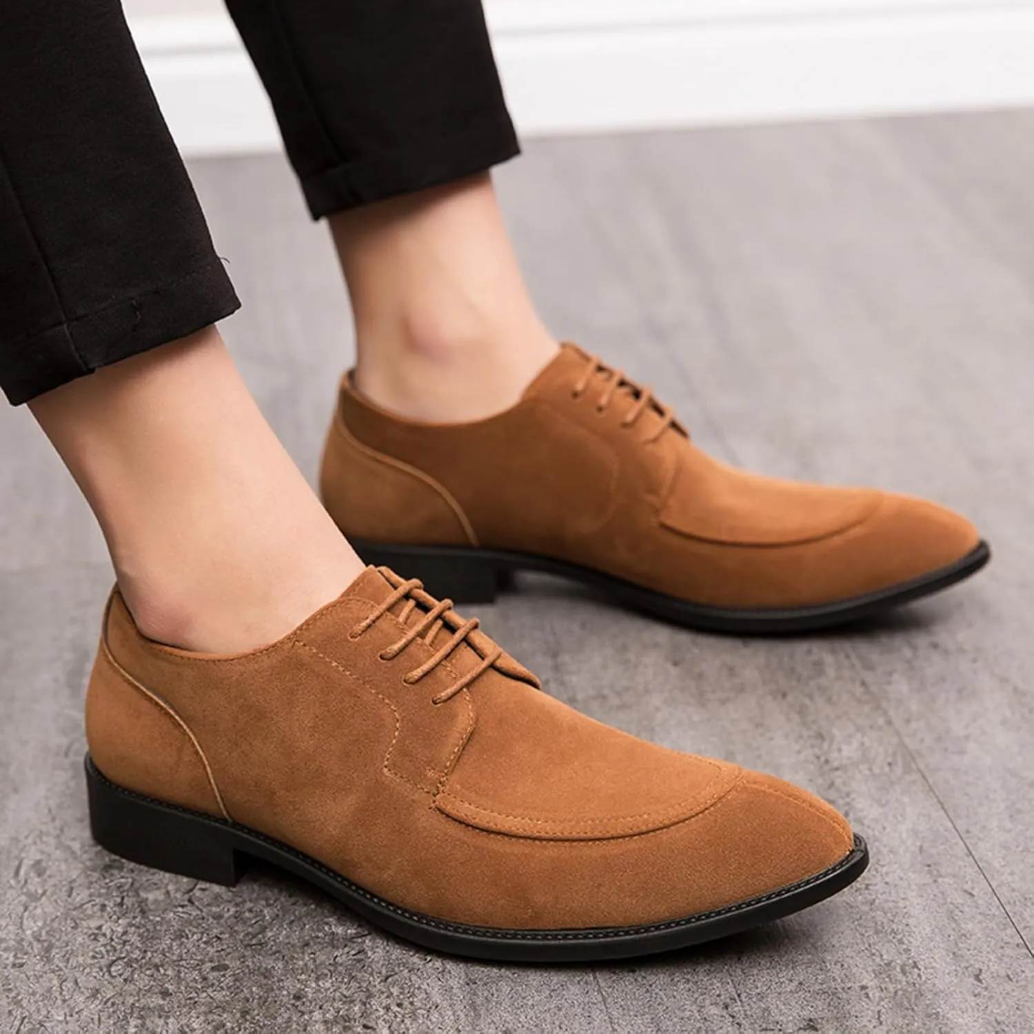 Mens Retro Suede Leather Lace Up Dress Oxfords Shoes Classic Slip On Low Top Pointed Toe Non-Slip Flats Derby Shoes for Formal Business Wedding (Coffee Color,6)
