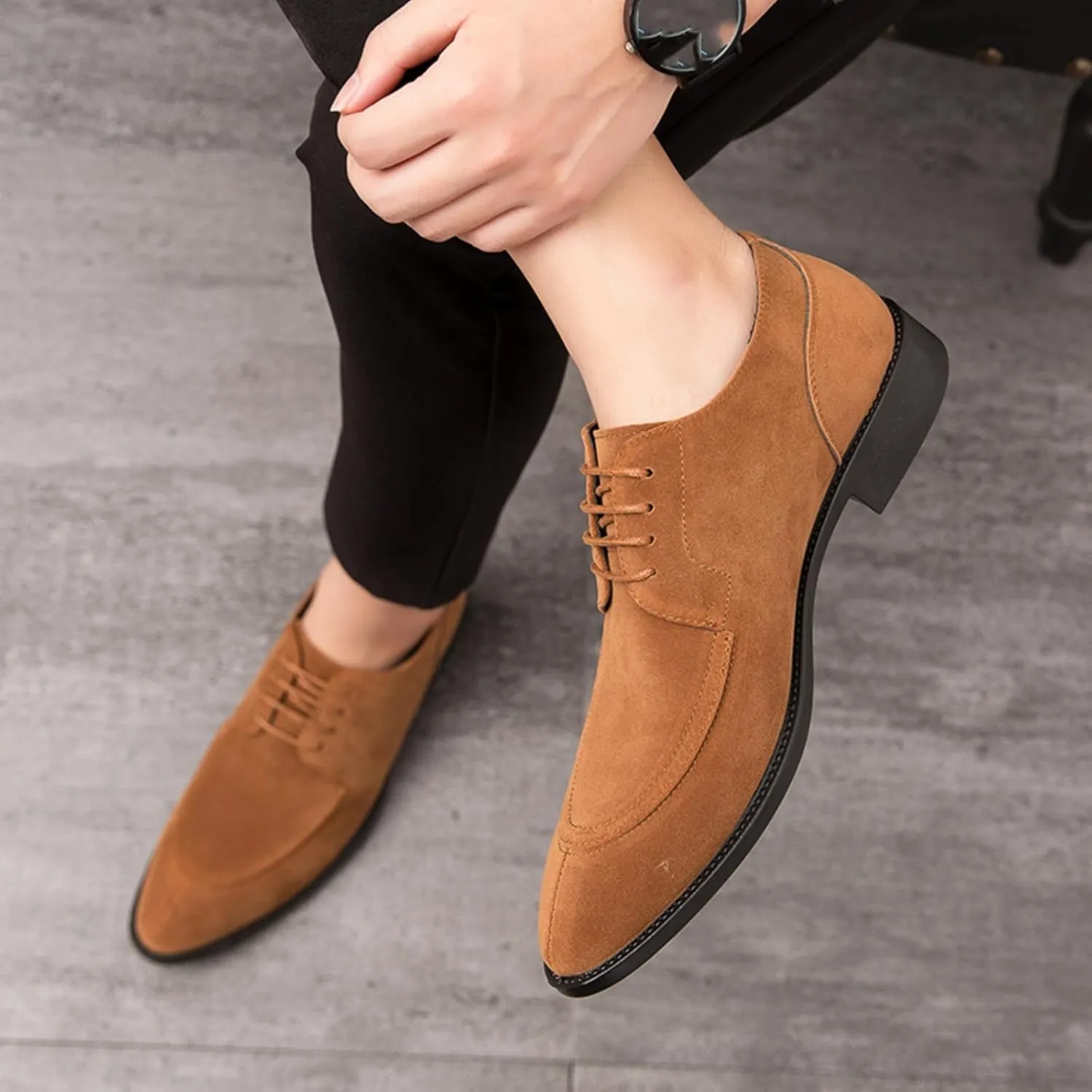 Mens Retro Suede Leather Lace Up Dress Oxfords Shoes Classic Slip On Low Top Pointed Toe Non-Slip Flats Derby Shoes for Formal Business Wedding (Coffee Color,6)