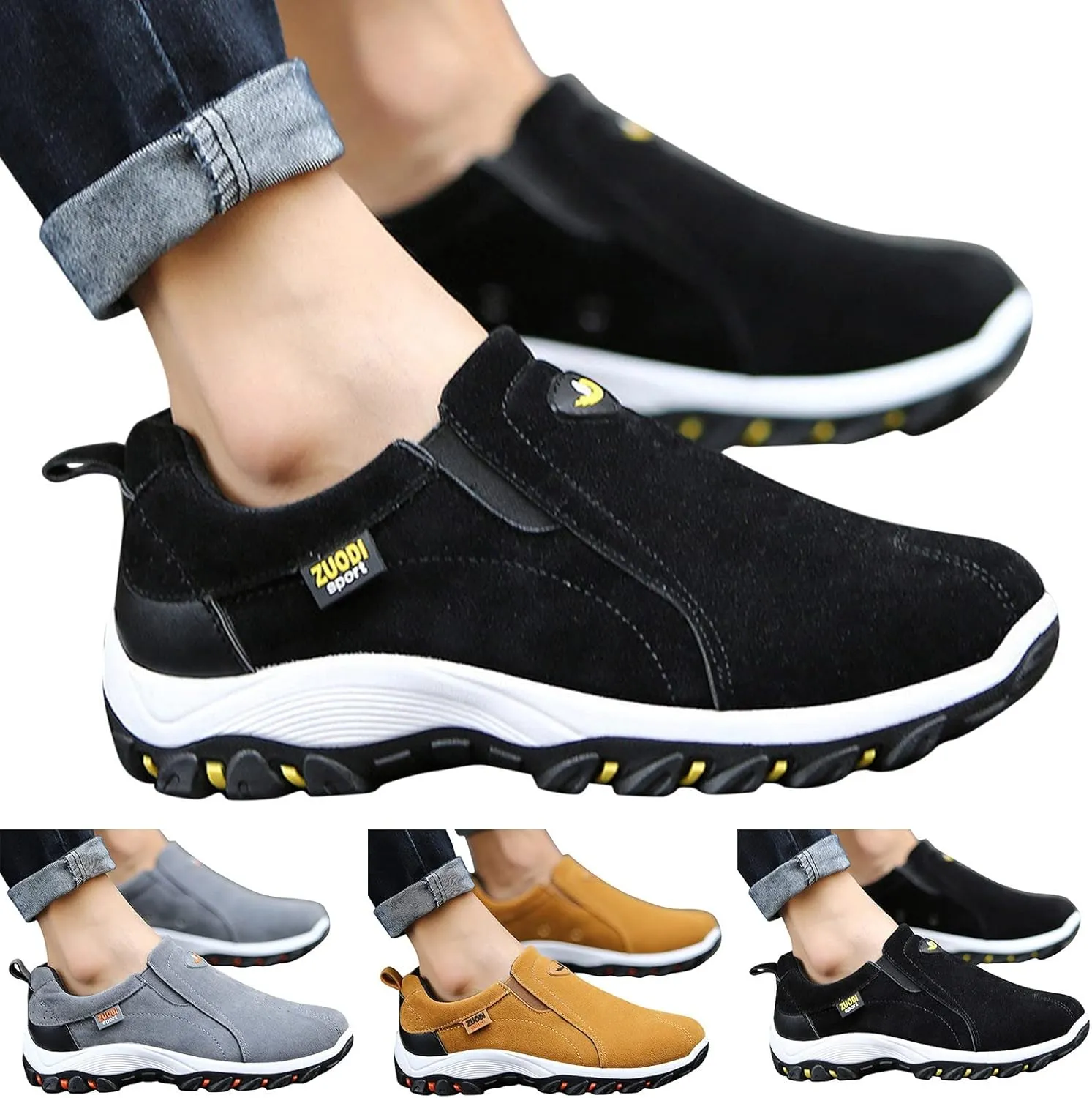 Men's Slip On Hands Free Waterproof Work Loafers Leather Walking Hiking Slip-on Casual Breathable Comfortable Outdoor Business Suede Cushioning Shoes