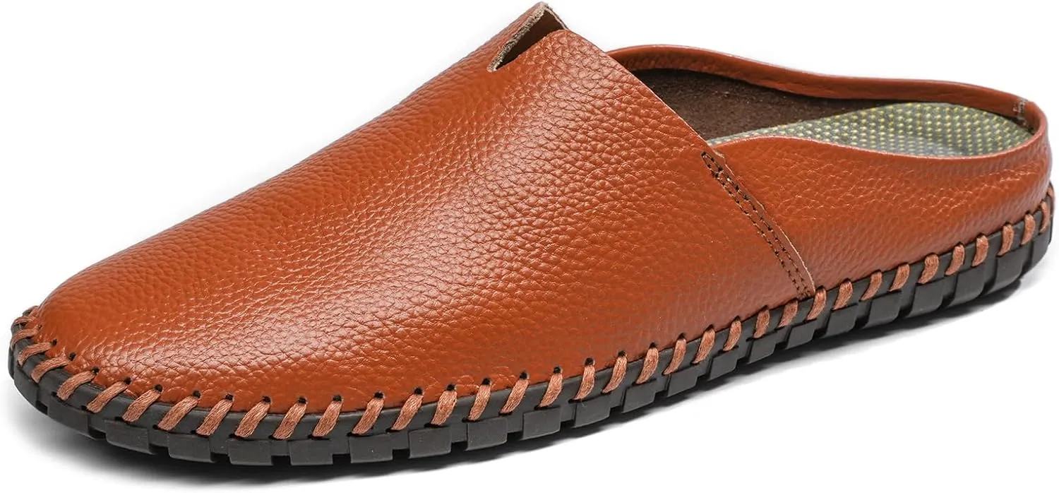 Men’s Slip-On Loafers Mules Clog Handmade Leather Slippers Hand Stitched no-Heel Casual Shoes for Men Breathable Comfortable Soft