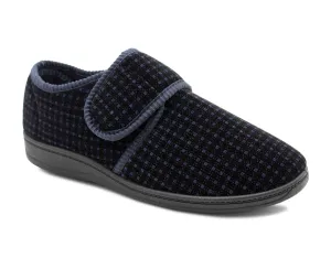 Mens Wide Fit Touch Fasten Slippers Navy Check Memory Foam Insole Comfort Diabetic Wide Opening Orthopaedic Casual Checked Bedroom House Shoes