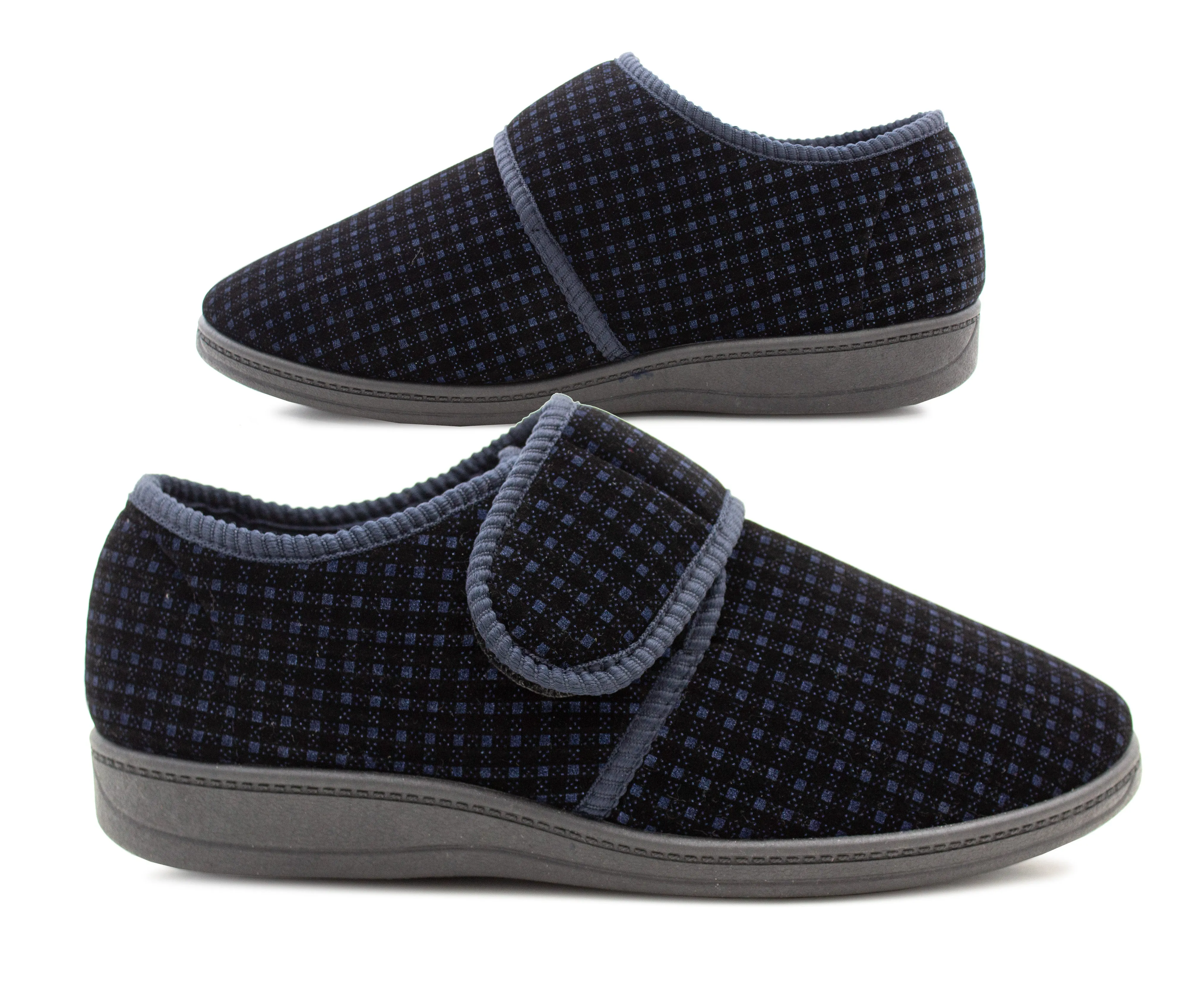 Mens Wide Fit Touch Fasten Slippers Navy Check Memory Foam Insole Comfort Diabetic Wide Opening Orthopaedic Casual Checked Bedroom House Shoes