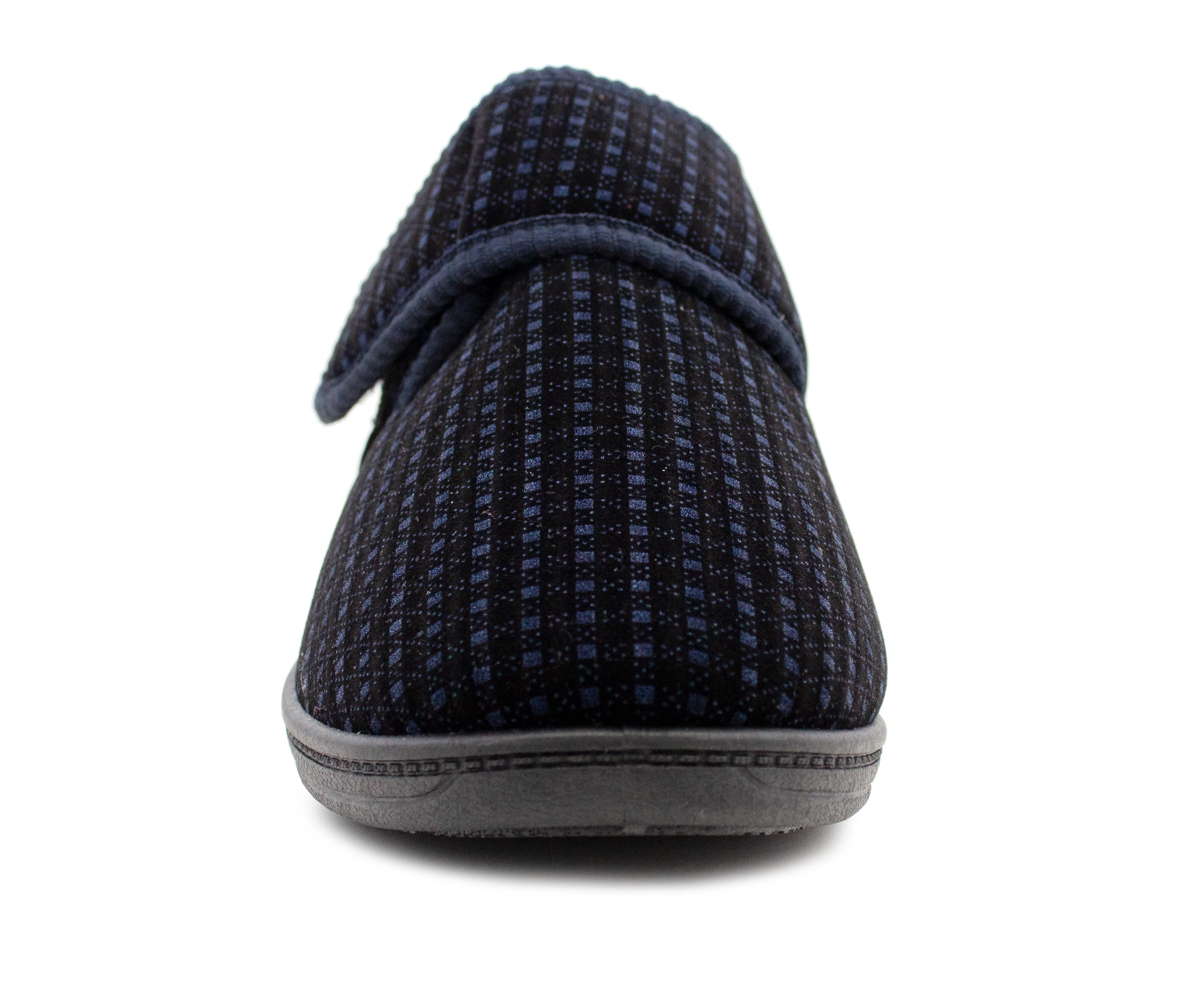 Mens Wide Fit Touch Fasten Slippers Navy Check Memory Foam Insole Comfort Diabetic Wide Opening Orthopaedic Casual Checked Bedroom House Shoes