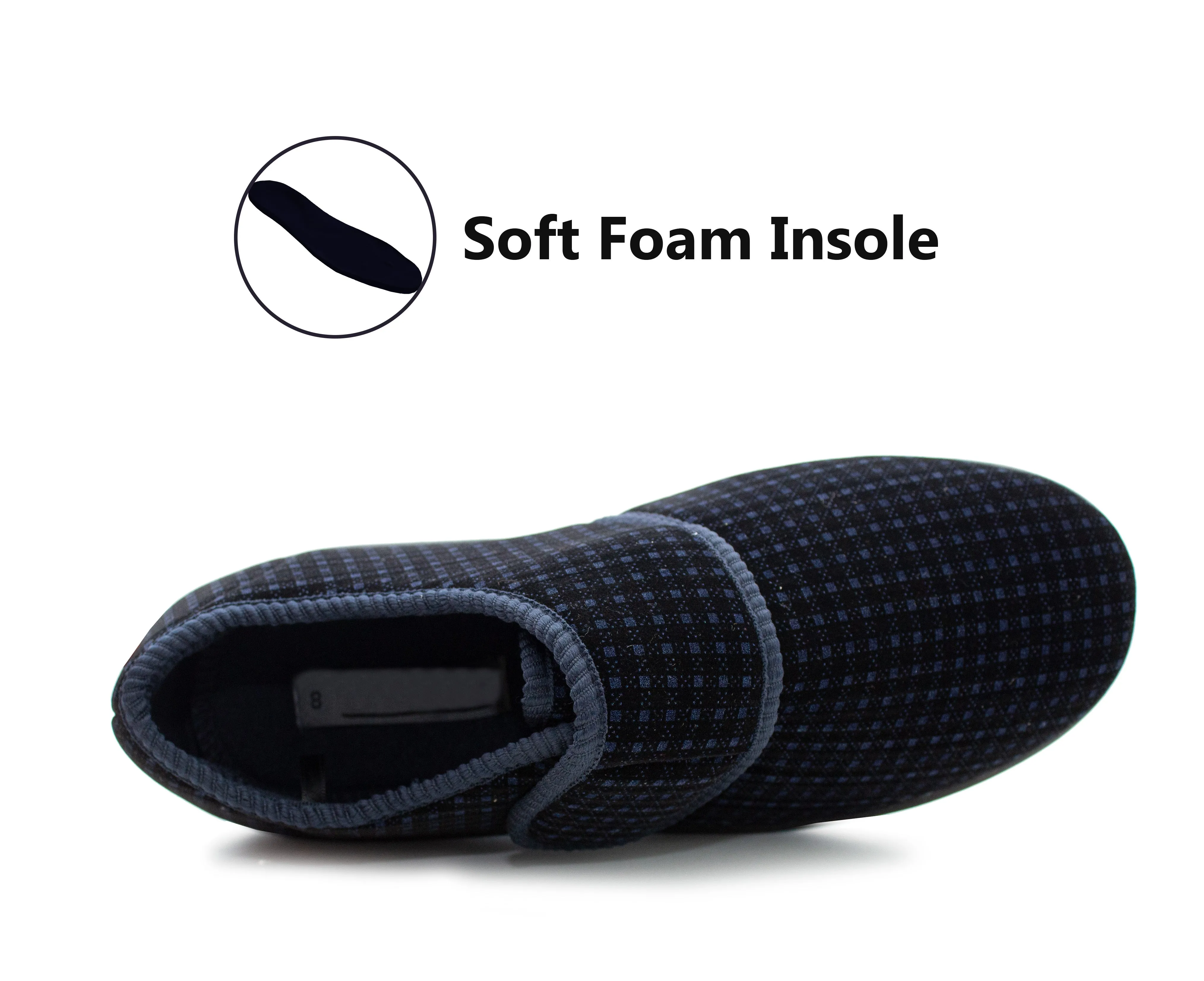 Mens Wide Fit Touch Fasten Slippers Navy Check Memory Foam Insole Comfort Diabetic Wide Opening Orthopaedic Casual Checked Bedroom House Shoes