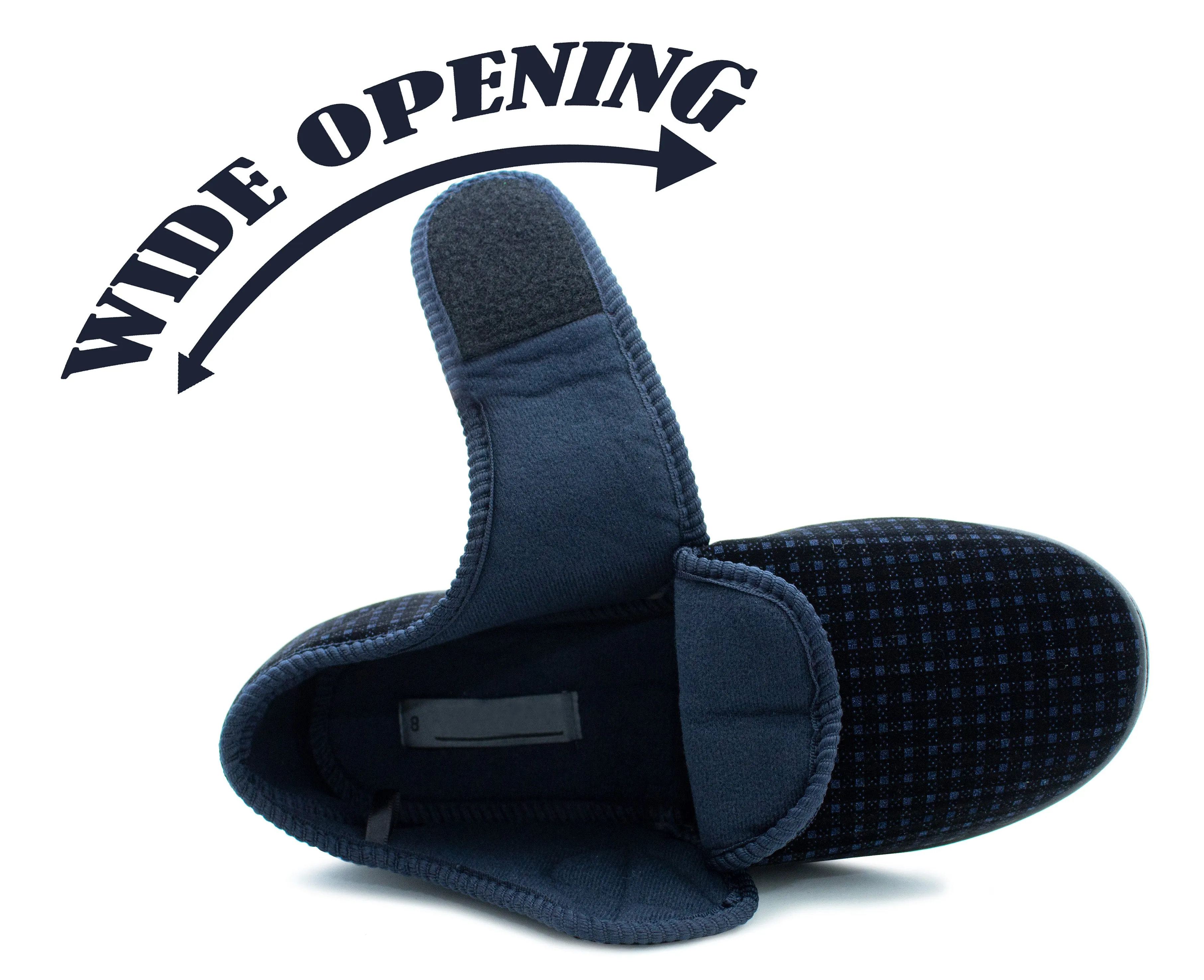 Mens Wide Fit Touch Fasten Slippers Navy Check Memory Foam Insole Comfort Diabetic Wide Opening Orthopaedic Casual Checked Bedroom House Shoes