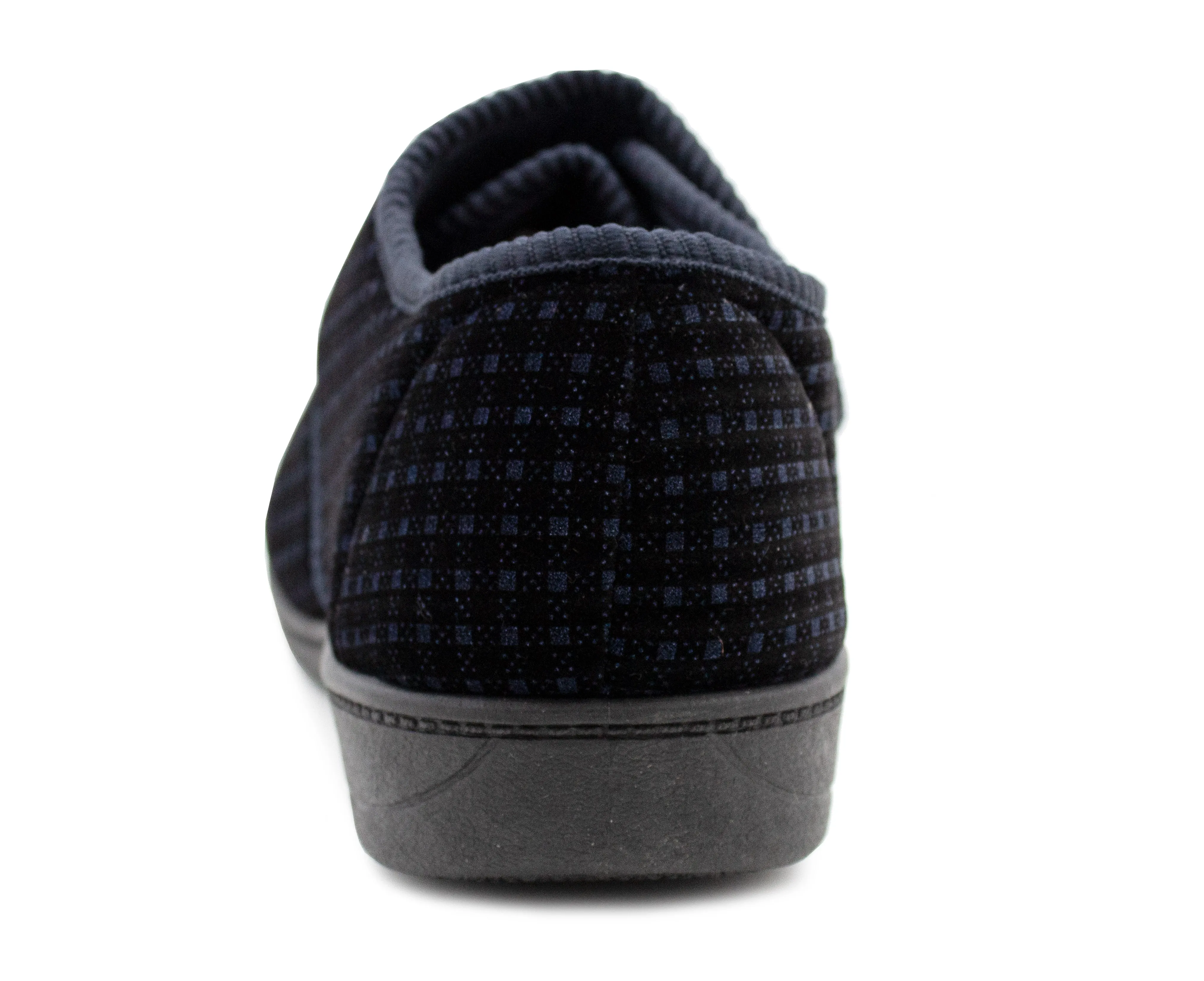 Mens Wide Fit Touch Fasten Slippers Navy Check Memory Foam Insole Comfort Diabetic Wide Opening Orthopaedic Casual Checked Bedroom House Shoes