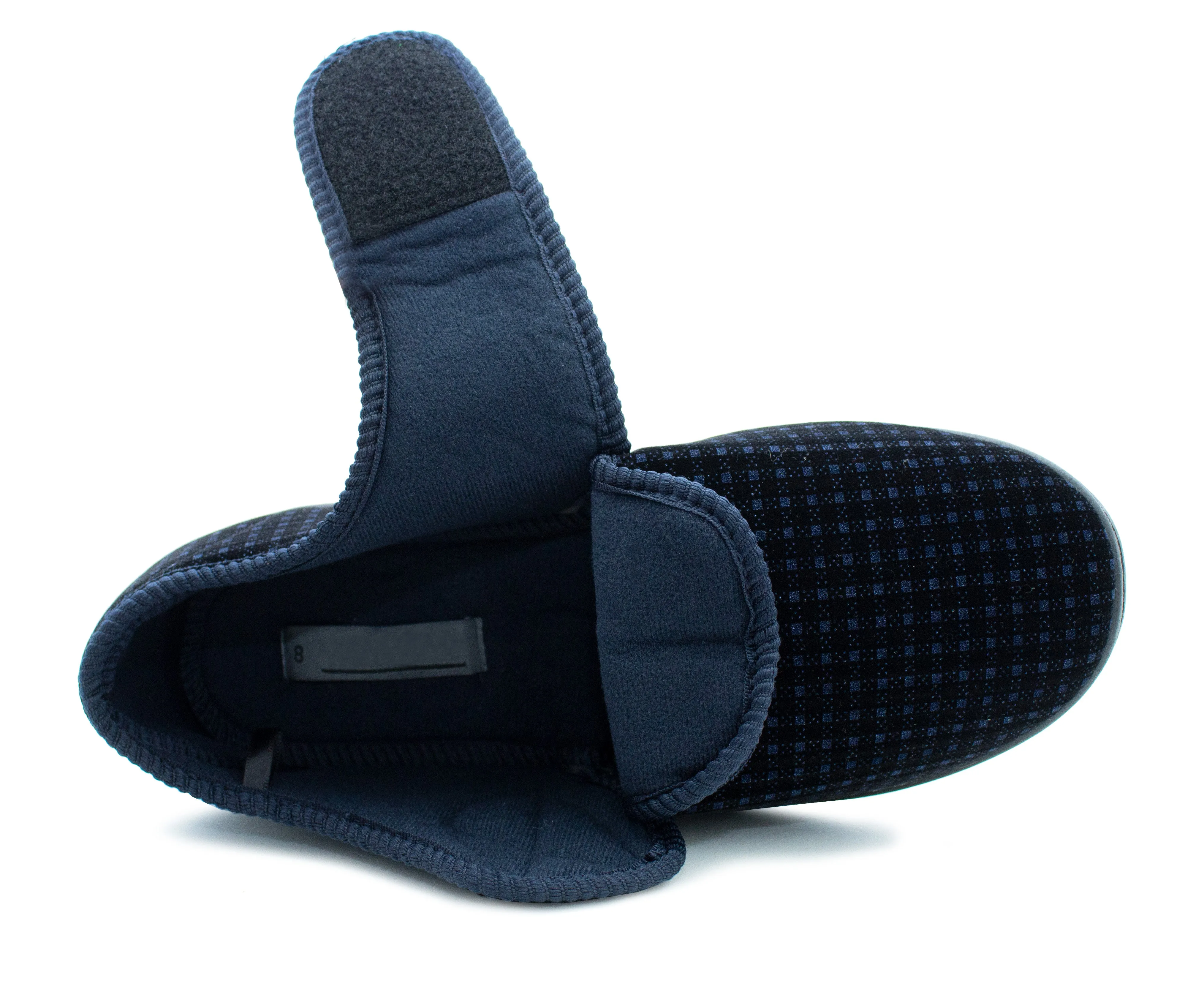 Mens Wide Fit Touch Fasten Slippers Navy Check Memory Foam Insole Comfort Diabetic Wide Opening Orthopaedic Casual Checked Bedroom House Shoes