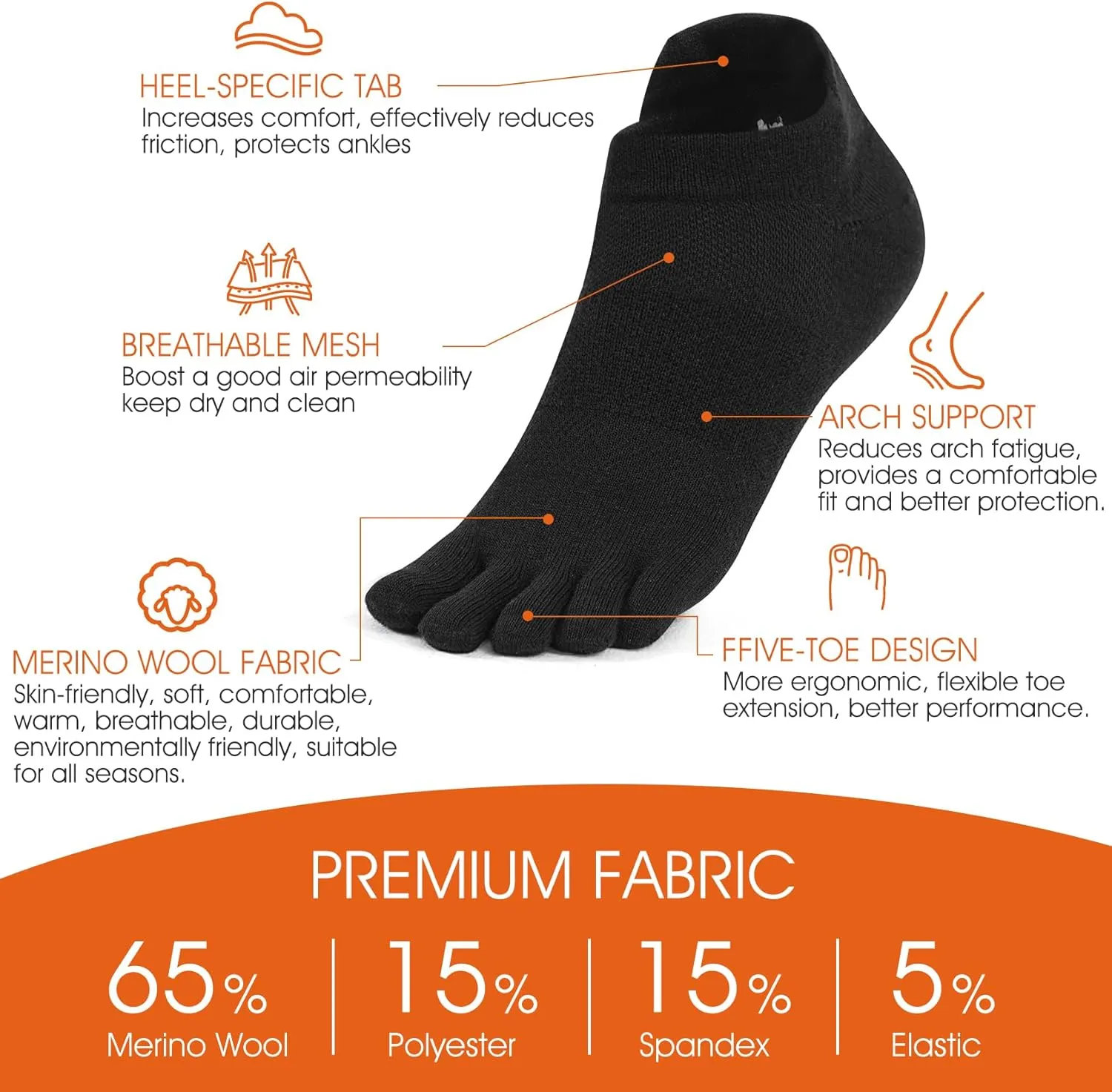 Merino Wool Toe Socks for Men and Women Athletic Runing Ankle Toe Separation Socks (2-3 Pairs)