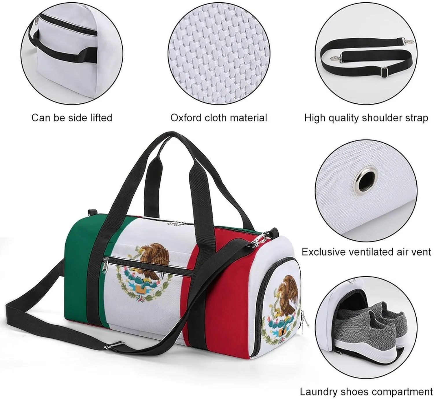 Mexican Flag Duffle Bag with Shoe Compartment Lightweight Waterproof Gym Bag for Travel Yoga