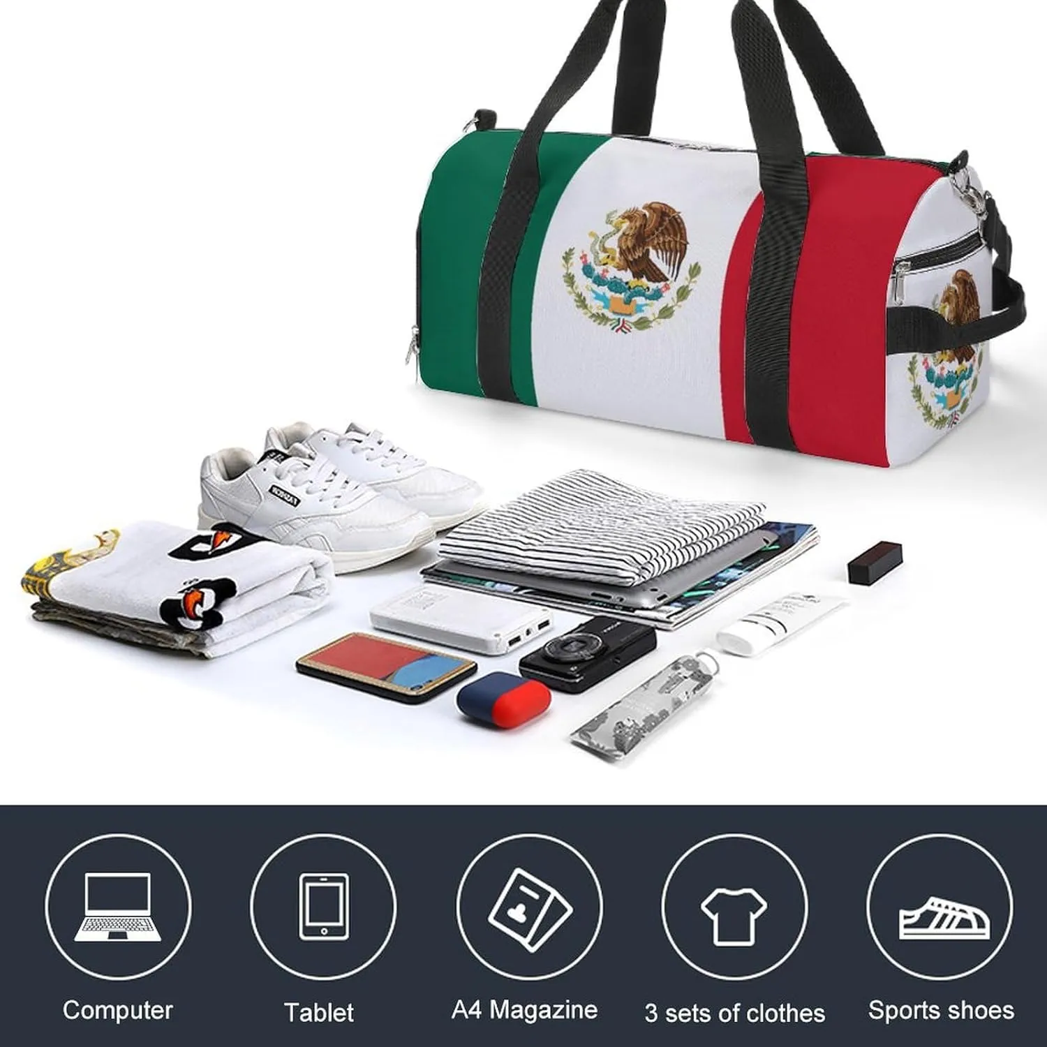 Mexican Flag Duffle Bag with Shoe Compartment Lightweight Waterproof Gym Bag for Travel Yoga