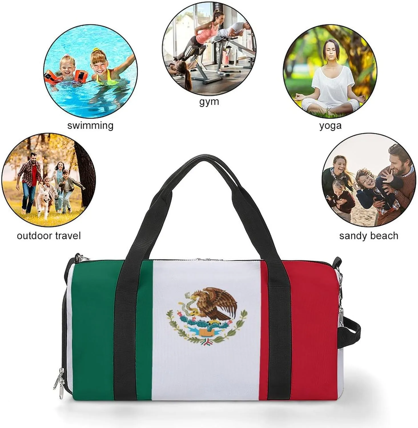 Mexican Flag Duffle Bag with Shoe Compartment Lightweight Waterproof Gym Bag for Travel Yoga
