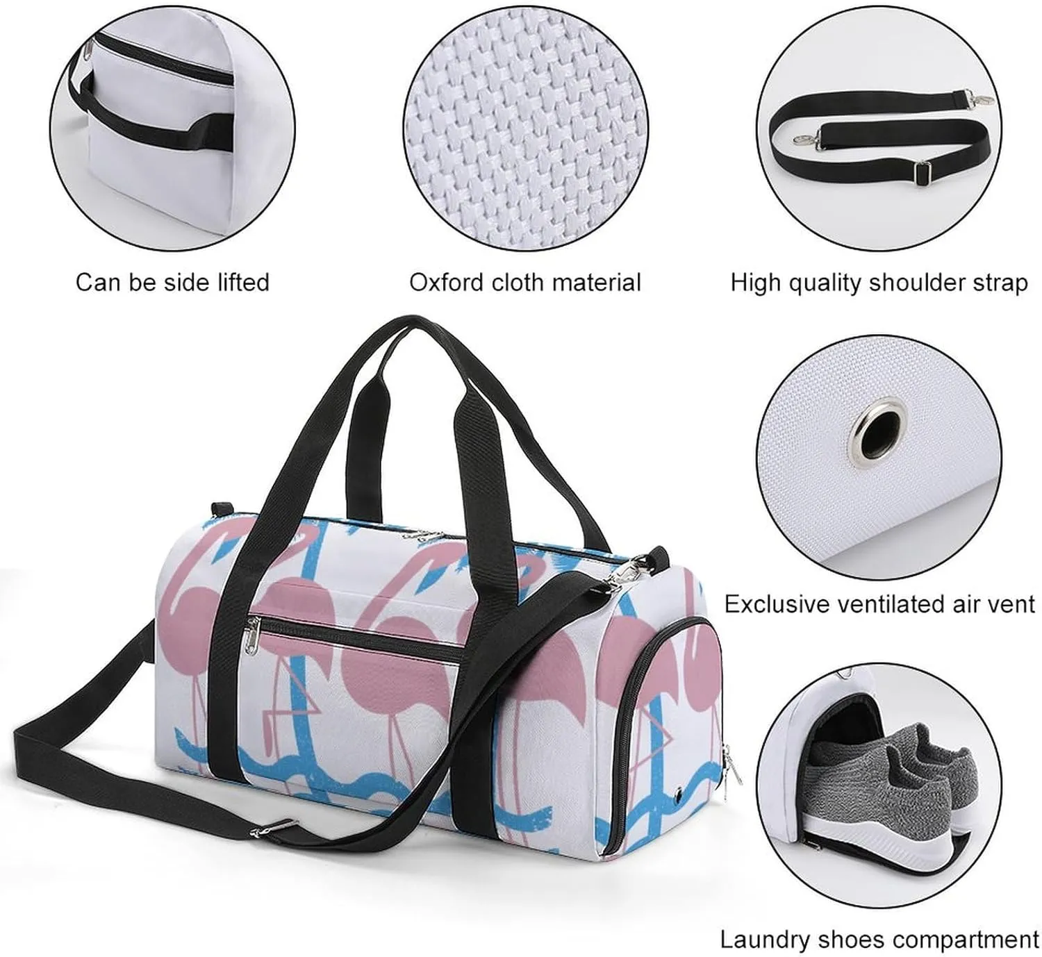 Miami Flamingo And Palm Trees Fitness Large Gym Bag for Unisex with Shoe Compartment & Wet Pocket