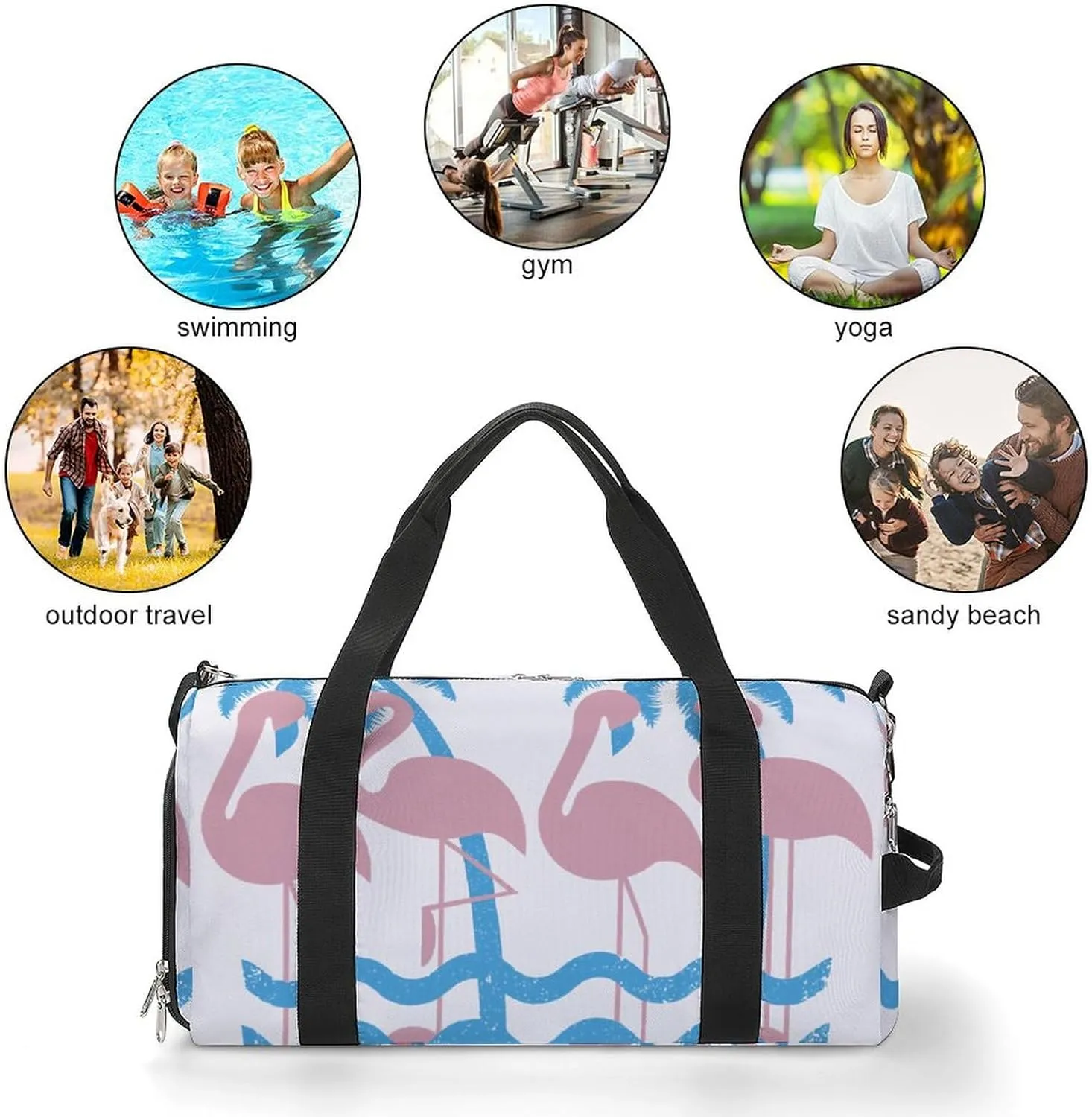 Miami Flamingo And Palm Trees Fitness Large Gym Bag for Unisex with Shoe Compartment & Wet Pocket