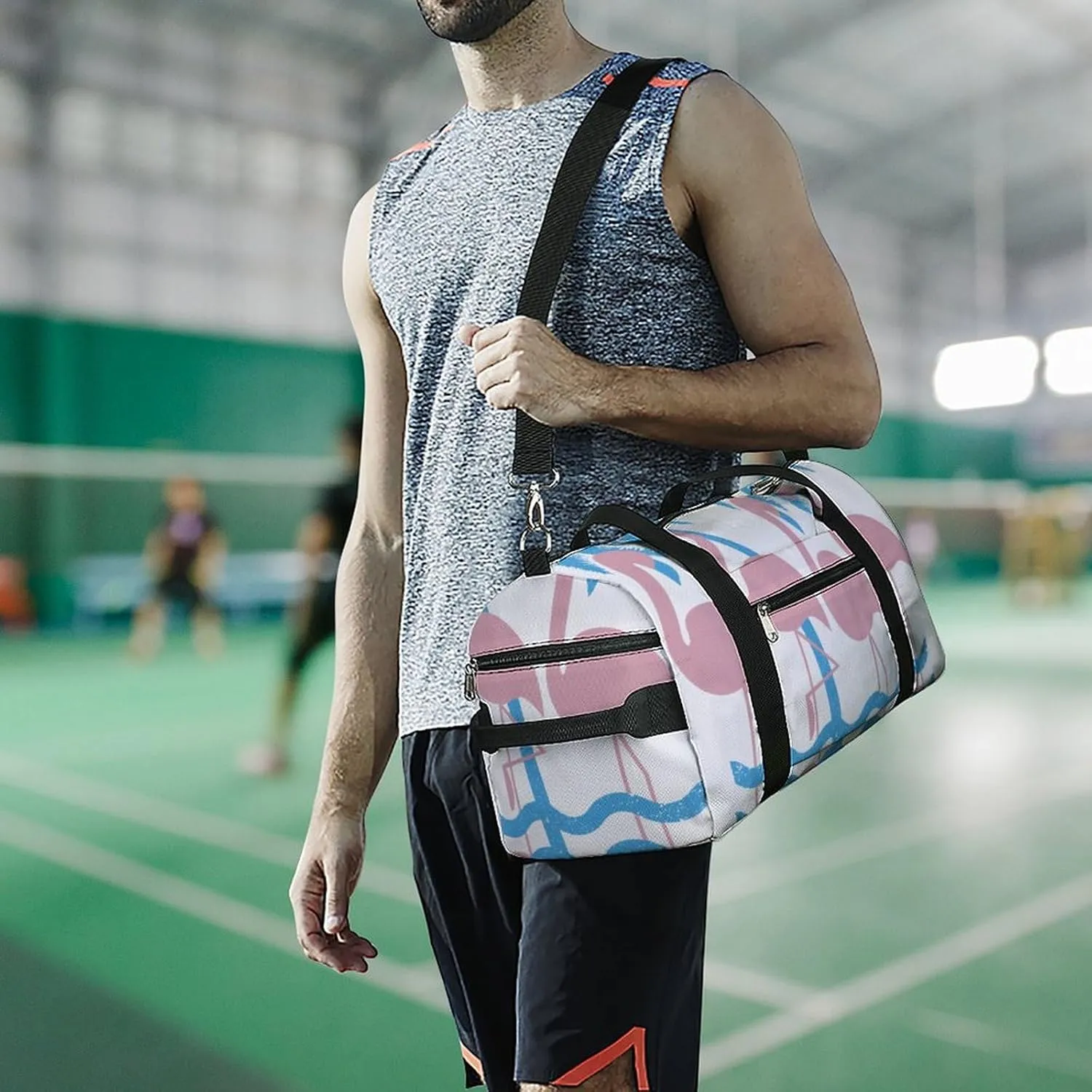 Miami Flamingo And Palm Trees Fitness Large Gym Bag for Unisex with Shoe Compartment & Wet Pocket
