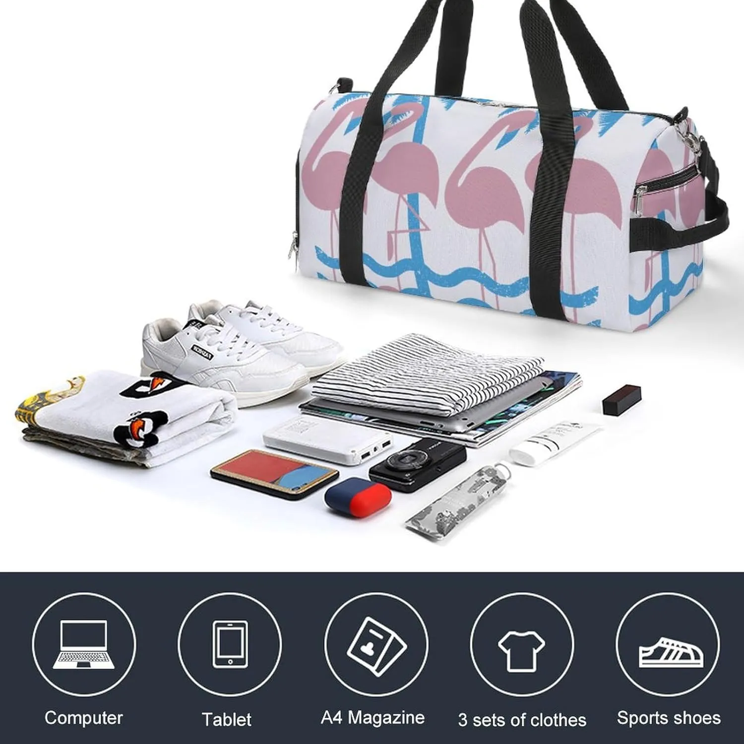 Miami Flamingo And Palm Trees Fitness Large Gym Bag for Unisex with Shoe Compartment & Wet Pocket
