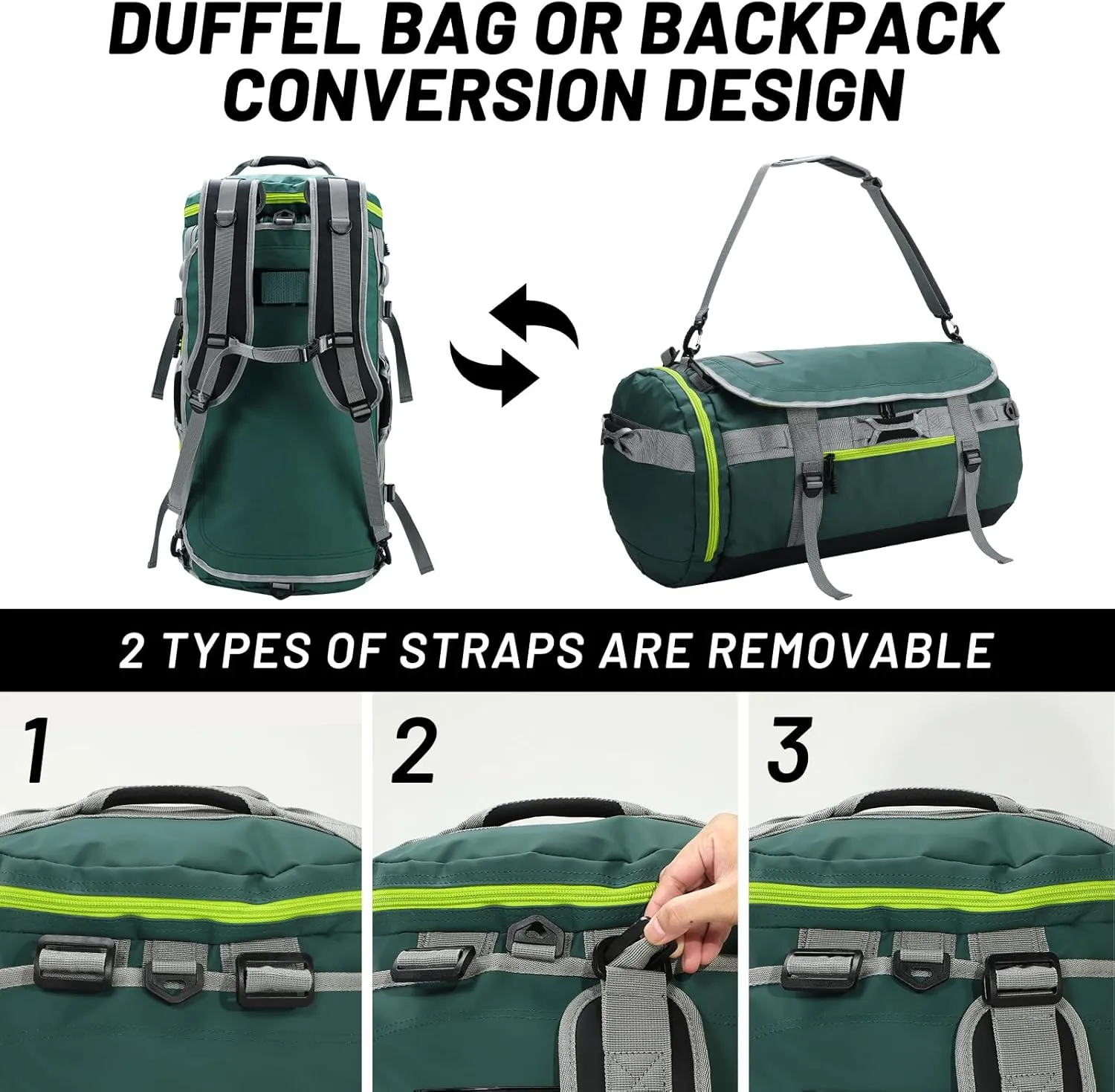 MIER Large Duffel Backpack Sports Gym Bag with Shoe Compartment, Heavy Duty and Water Resistant, Green, 60L