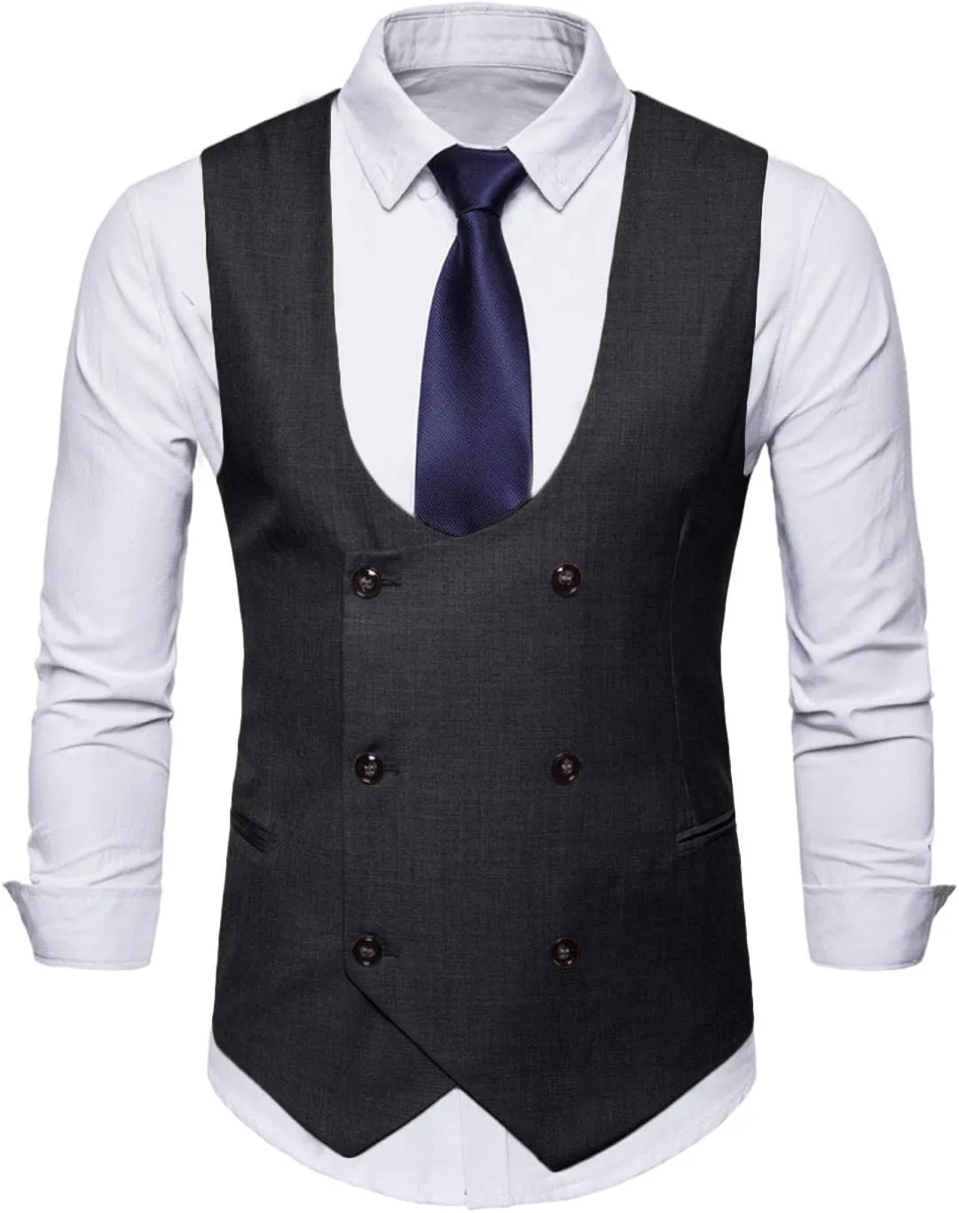 MllesReve Men's Slim Fit Waistcoat U Neck Double Breasted Suit Vest