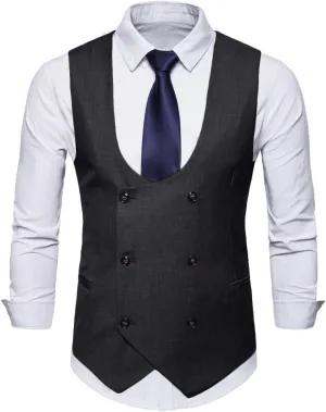 MllesReve Men's Slim Fit Waistcoat U Neck Double Breasted Suit Vest