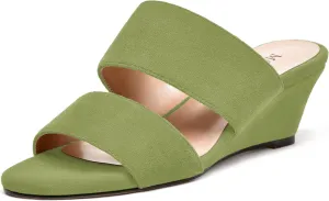 MODENCOCO Womens Casual Two Strap Slip On Suede Round Toe Party Wedge Low Heel Heeled Sandals 2 Inch