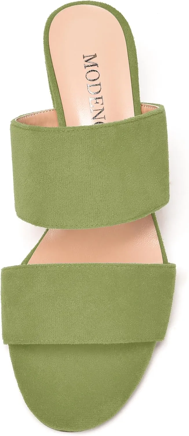 MODENCOCO Womens Casual Two Strap Slip On Suede Round Toe Party Wedge Low Heel Heeled Sandals 2 Inch