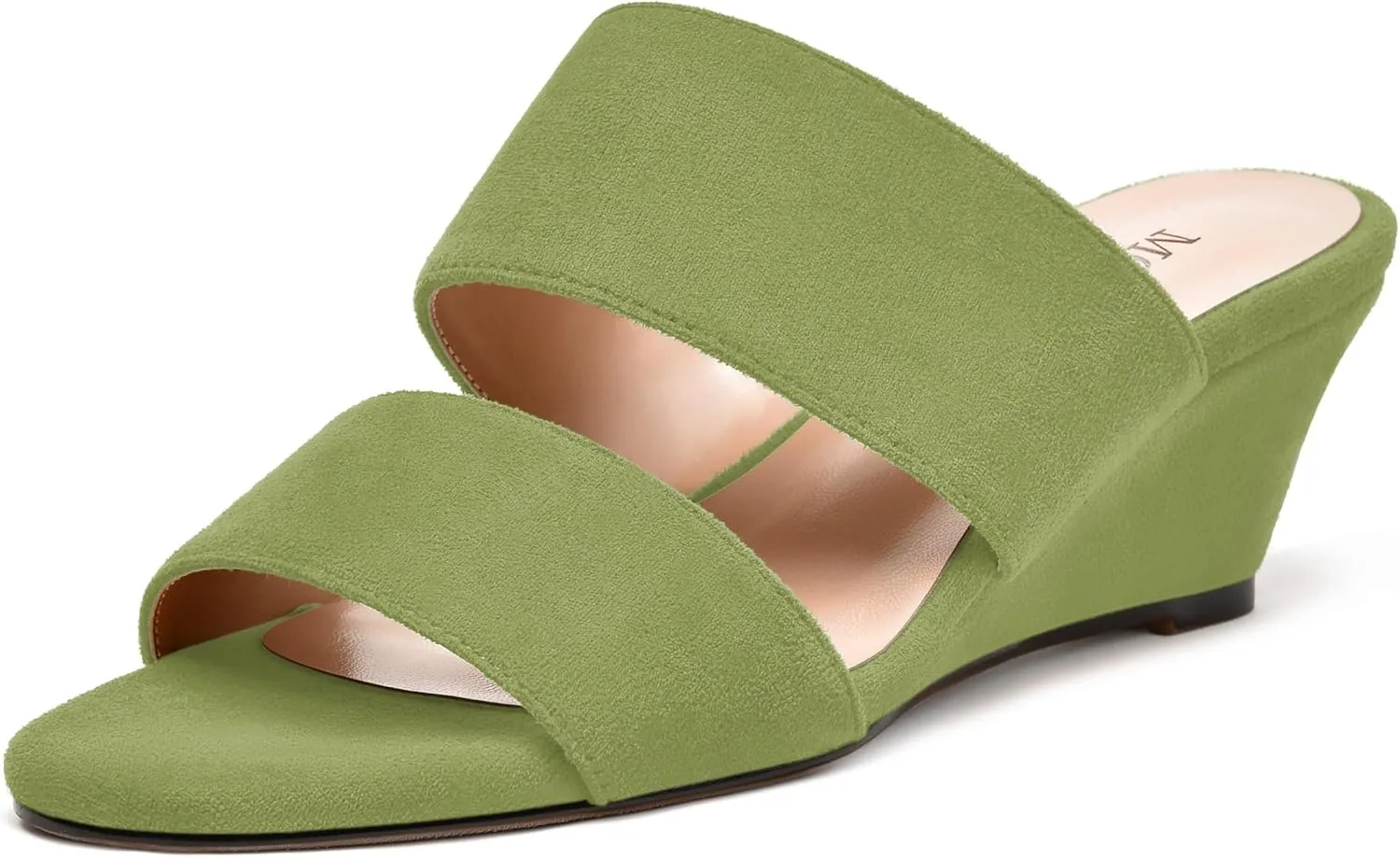 MODENCOCO Womens Casual Two Strap Slip On Suede Round Toe Party Wedge Low Heel Heeled Sandals 2 Inch