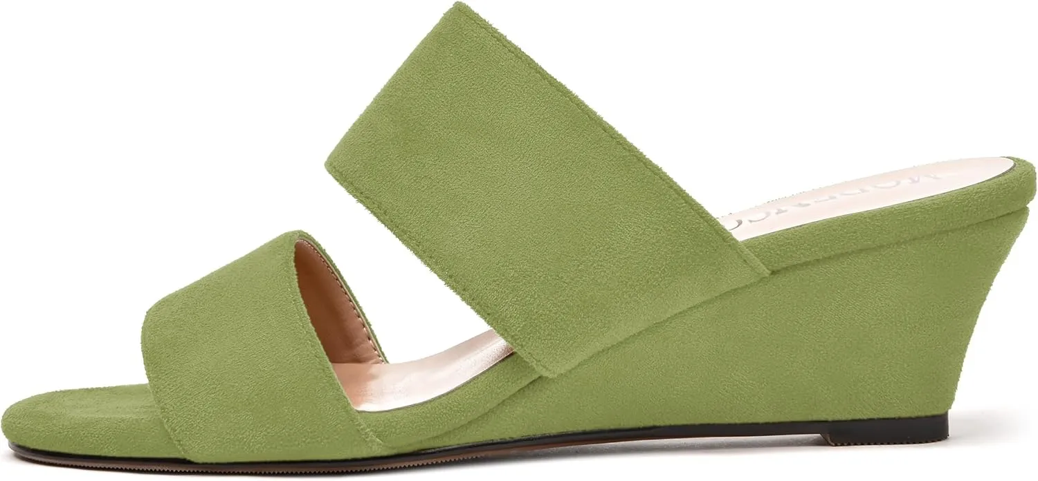 MODENCOCO Womens Casual Two Strap Slip On Suede Round Toe Party Wedge Low Heel Heeled Sandals 2 Inch