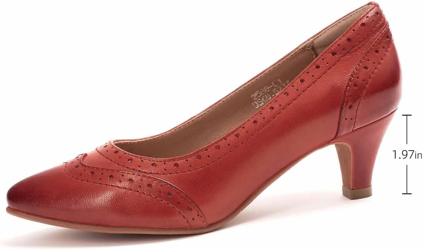 Mona flying Women's Leather Pointed Toe Vintage Brogue Pumps Slip On Mid Heels Dress Shoes for Ladies