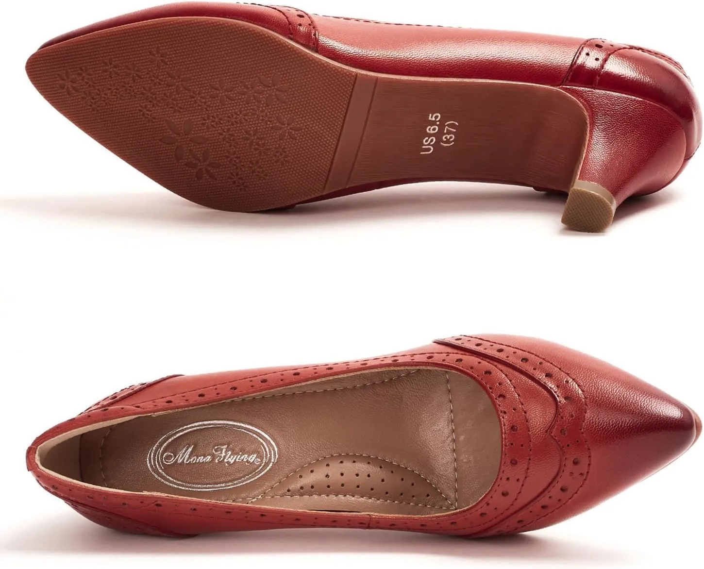 Mona flying Women's Leather Pointed Toe Vintage Brogue Pumps Slip On Mid Heels Dress Shoes for Ladies