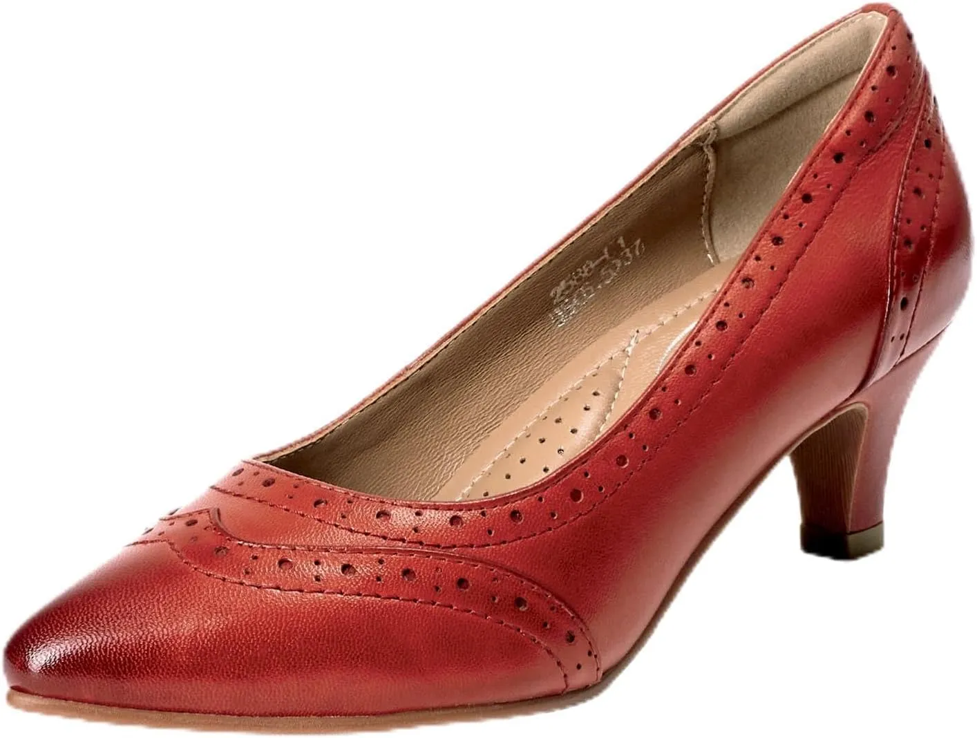 Mona flying Women's Leather Pointed Toe Vintage Brogue Pumps Slip On Mid Heels Dress Shoes for Ladies