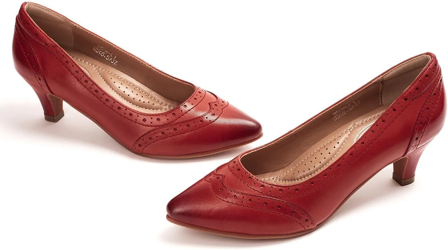 Mona flying Women's Leather Pointed Toe Vintage Brogue Pumps Slip On Mid Heels Dress Shoes for Ladies