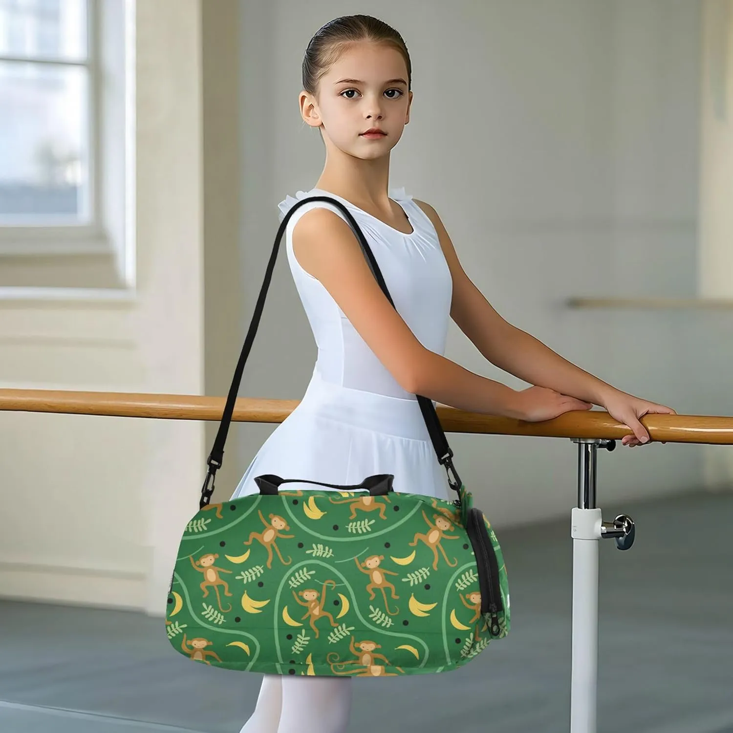 Monkeys Banana Leaves Girl's Gym Duffel Bag with Shoes Compartment Multifunctional Weekender Overnight Duffel Bag for Travel, Swimming, Dance, Ballet