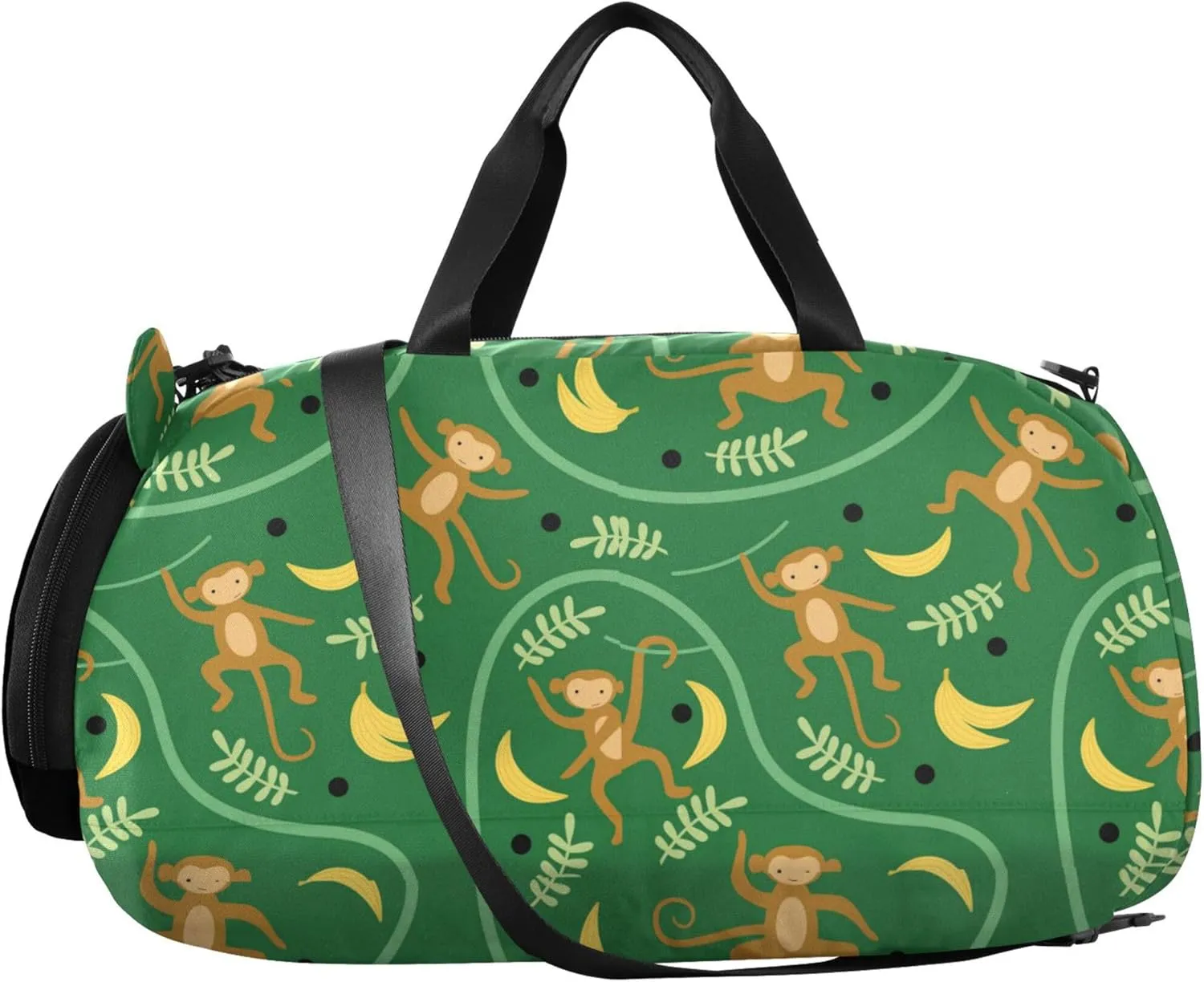 Monkeys Banana Leaves Girl's Gym Duffel Bag with Shoes Compartment Multifunctional Weekender Overnight Duffel Bag for Travel, Swimming, Dance, Ballet