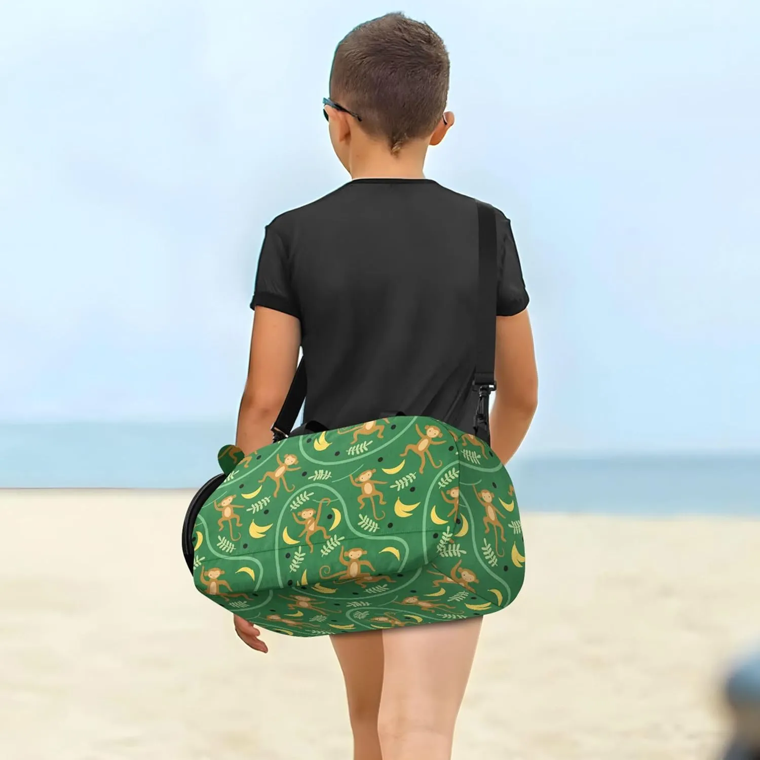 Monkeys Banana Leaves Girl's Gym Duffel Bag with Shoes Compartment Multifunctional Weekender Overnight Duffel Bag for Travel, Swimming, Dance, Ballet