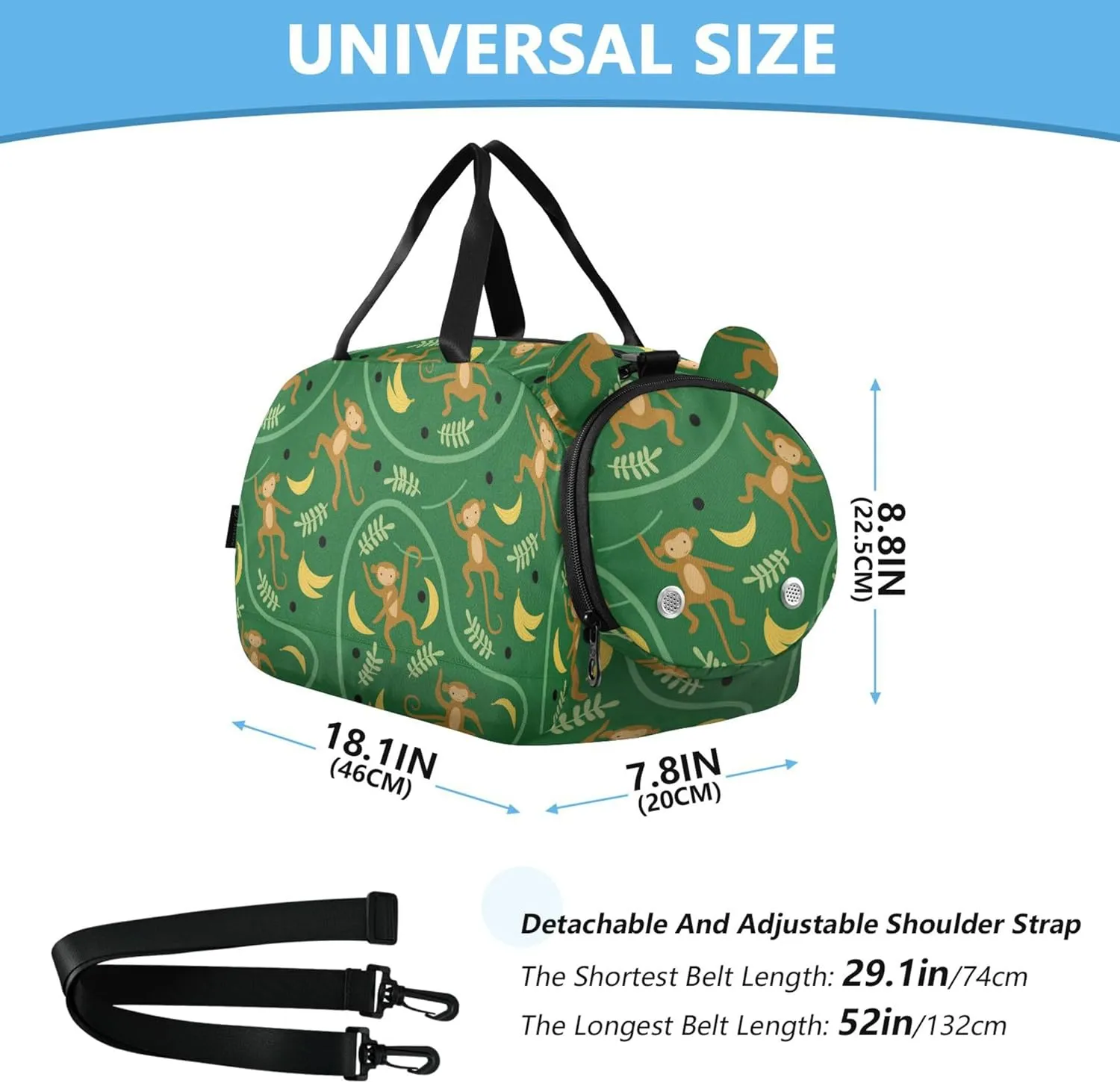 Monkeys Banana Leaves Girl's Gym Duffel Bag with Shoes Compartment Multifunctional Weekender Overnight Duffel Bag for Travel, Swimming, Dance, Ballet