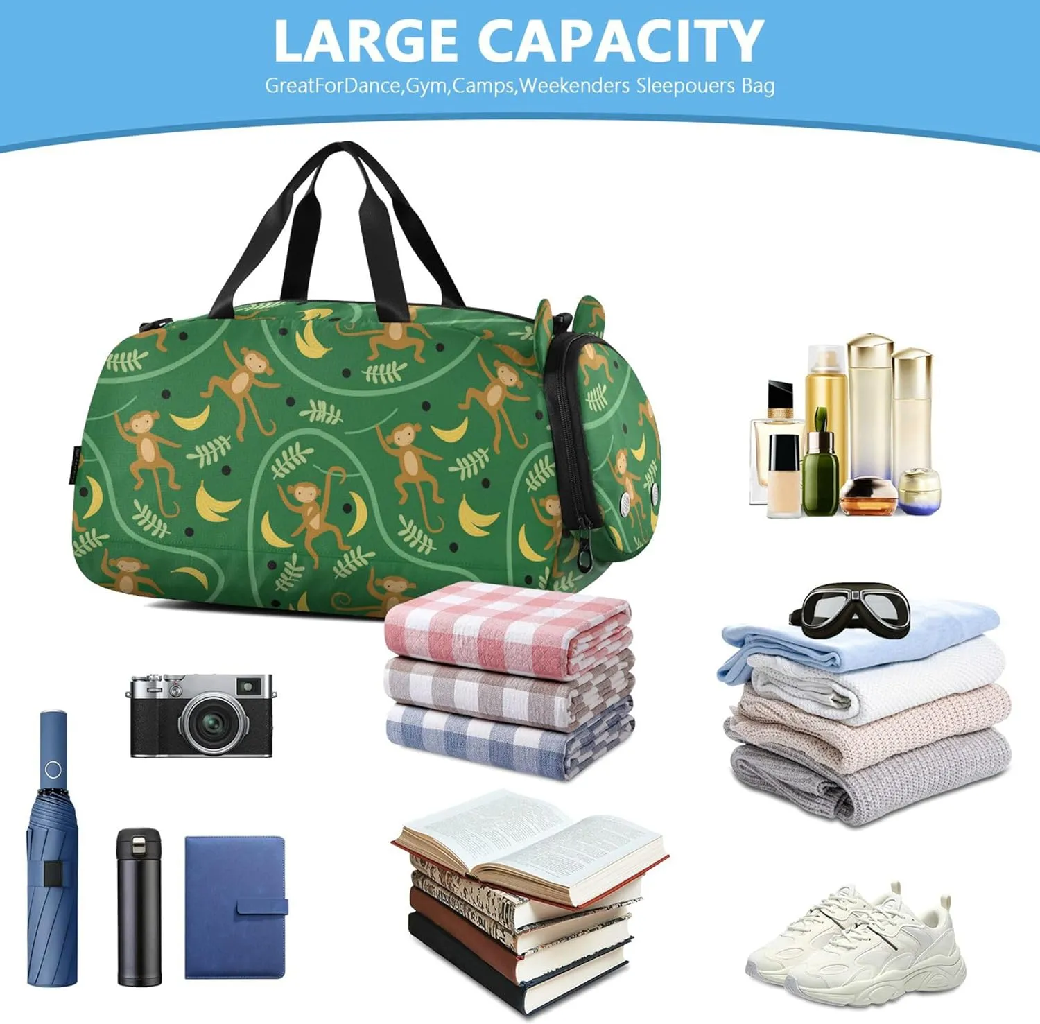 Monkeys Banana Leaves Girl's Gym Duffel Bag with Shoes Compartment Multifunctional Weekender Overnight Duffel Bag for Travel, Swimming, Dance, Ballet