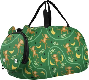 Monkeys Banana Leaves Girl's Gym Duffel Bag with Shoes Compartment Multifunctional Weekender Overnight Duffel Bag for Travel, Swimming, Dance, Ballet